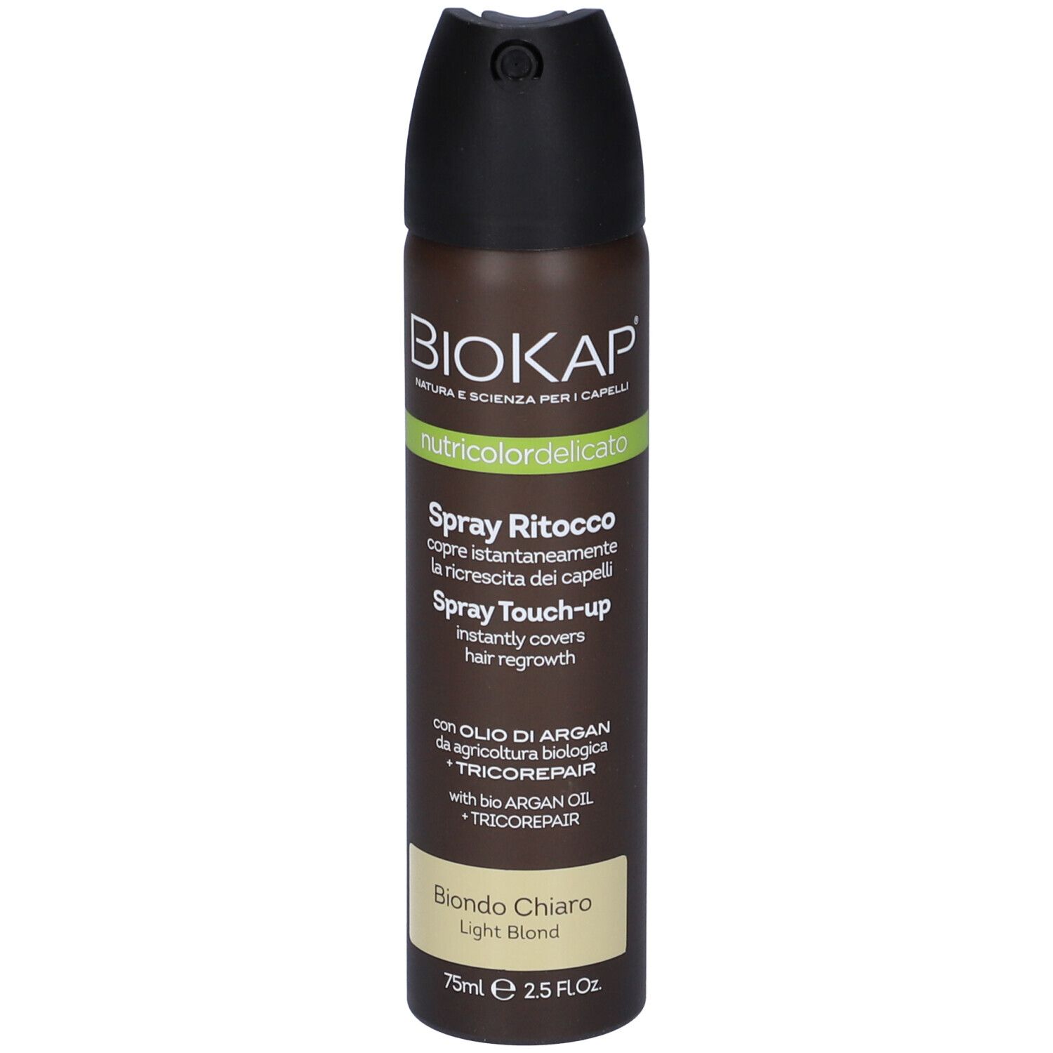 Bomboletta spray per capelli marrone e nero. Scritta: BIOKAP, nutcoloridelicato, Spray Ritocco, Biondo Chiaro. Con olio di Argan.