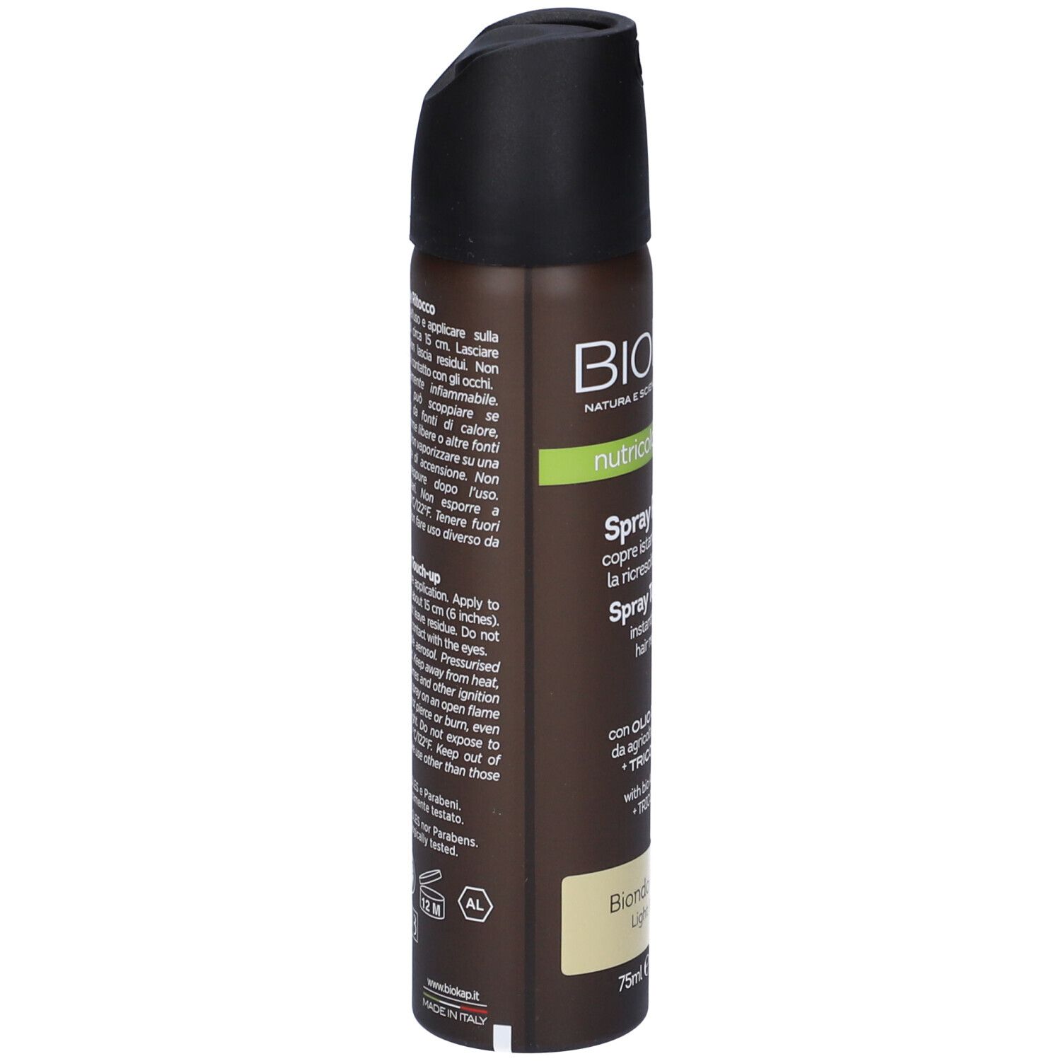 Bomboletta spray per capelli marrone e nero. Scritta: BIOKAP, nutcoloridelicato, Spray Ritocco, Biondo Chiaro. Con olio di Argan.