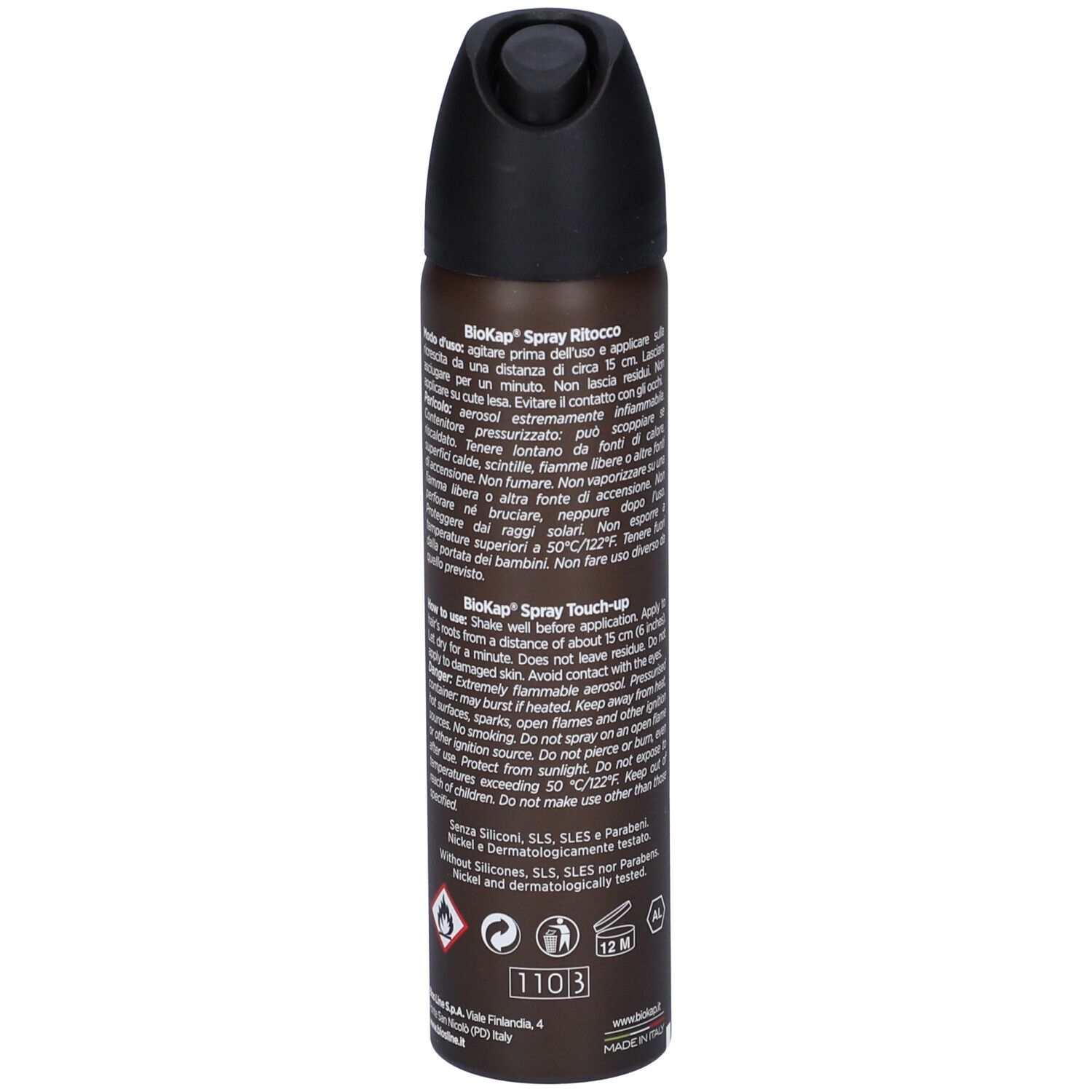 Bomboletta spray per capelli marrone e nero. Scritta: BIOKAP, nutcoloridelicato, Spray Ritocco, Biondo Chiaro. Con olio di Argan.