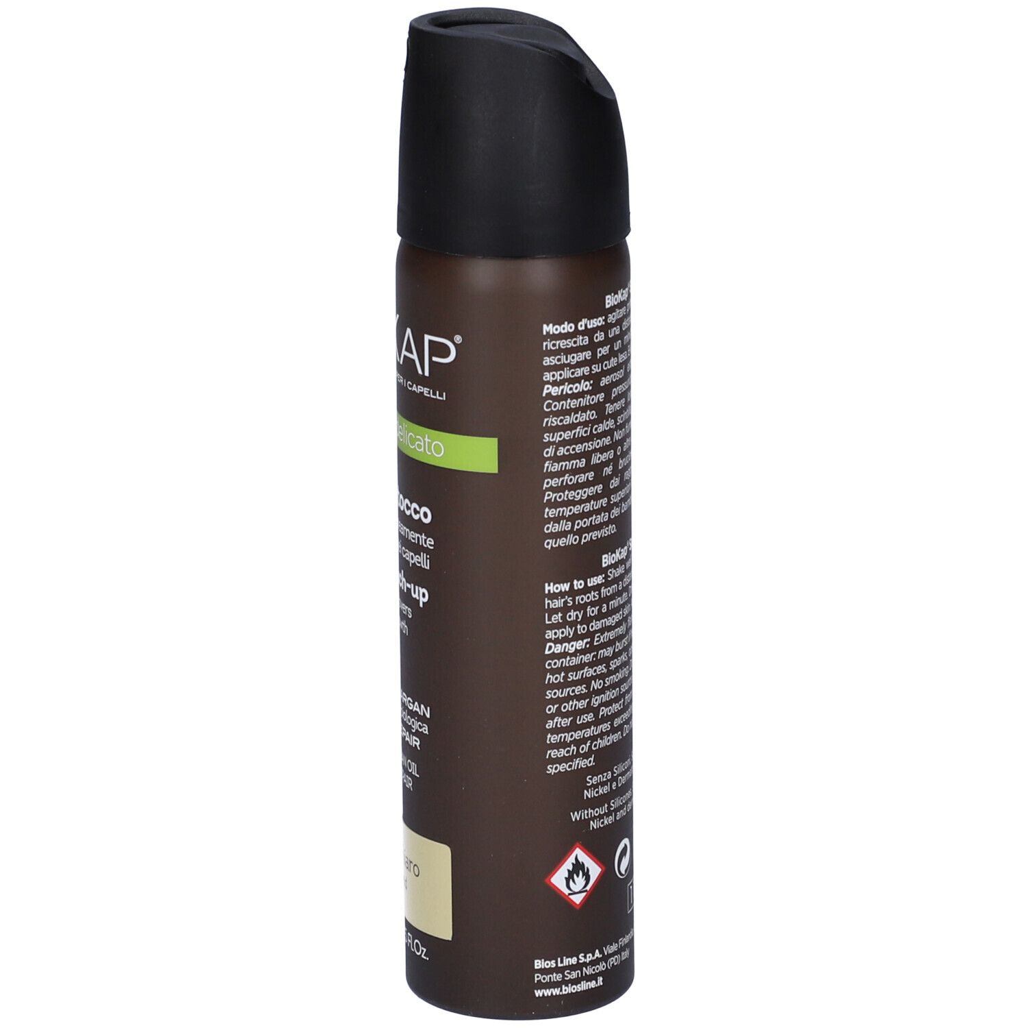 Bomboletta spray per capelli marrone e nero. Scritta: BIOKAP, nutcoloridelicato, Spray Ritocco, Biondo Chiaro. Con olio di Argan.