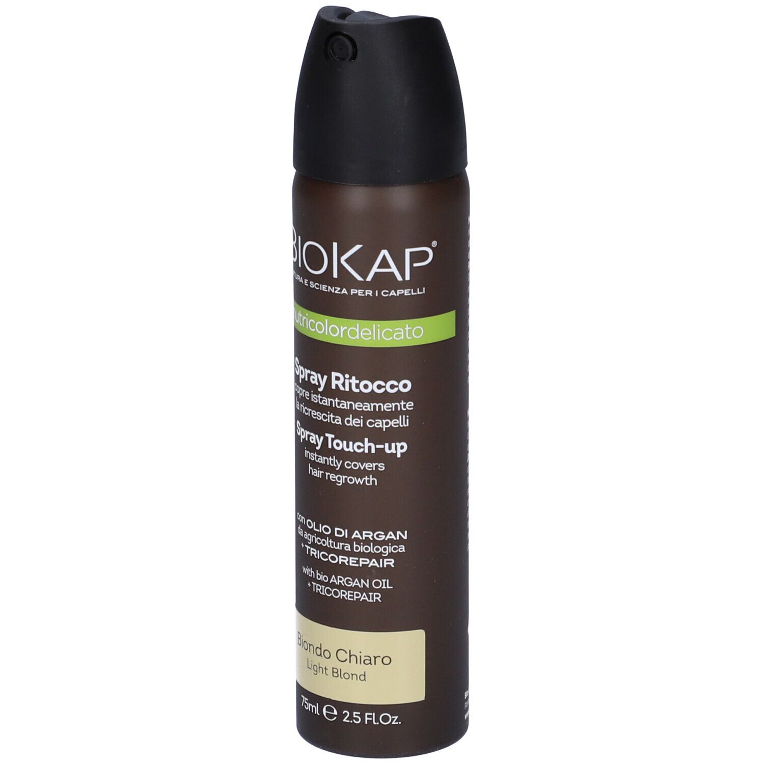 Bomboletta spray per capelli marrone e nero. Scritta: BIOKAP, nutcoloridelicato, Spray Ritocco, Biondo Chiaro. Con olio di Argan.