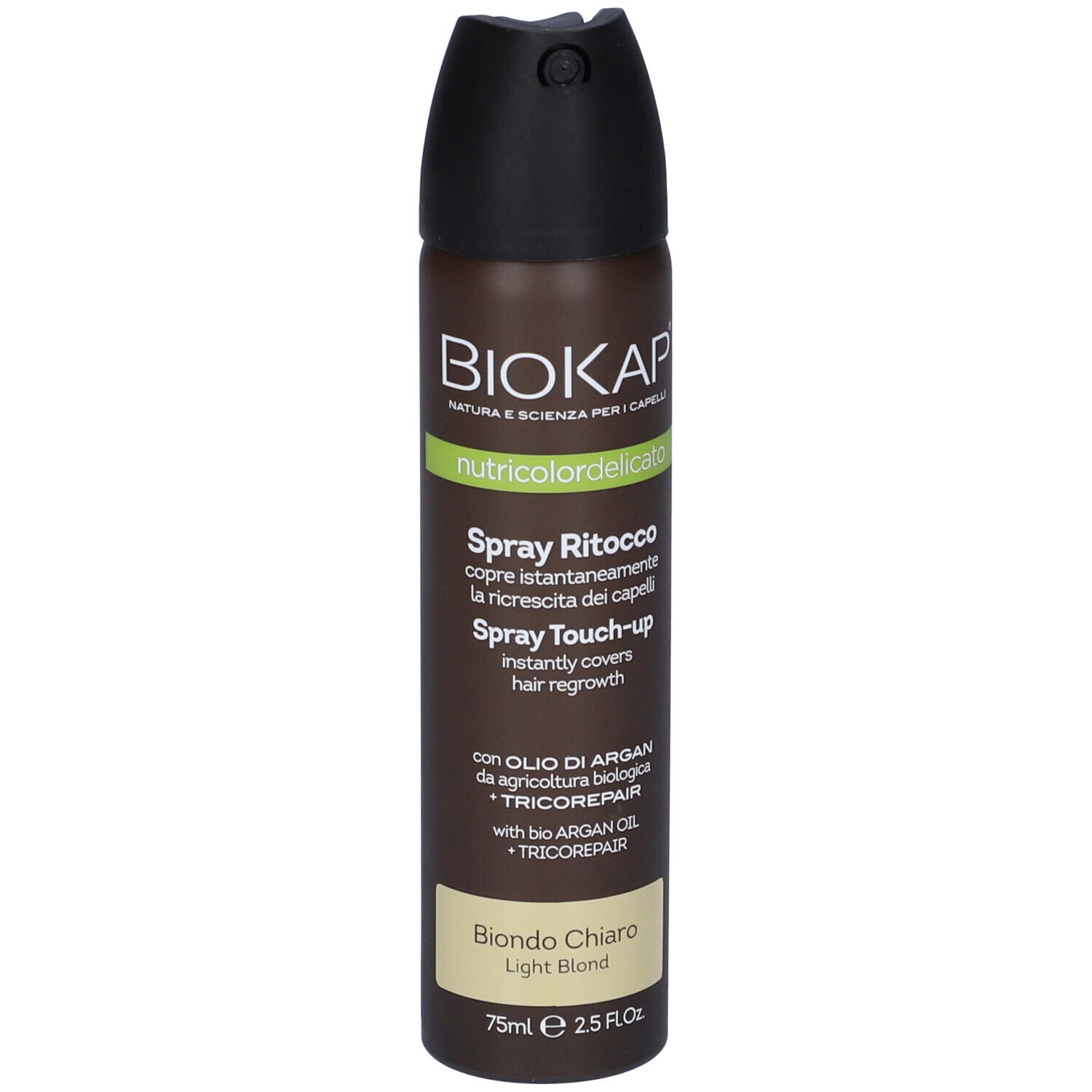 Bomboletta spray per capelli marrone e nero. Scritta: BIOKAP, nutcoloridelicato, Spray Ritocco, Biondo Chiaro. Con olio di Argan.