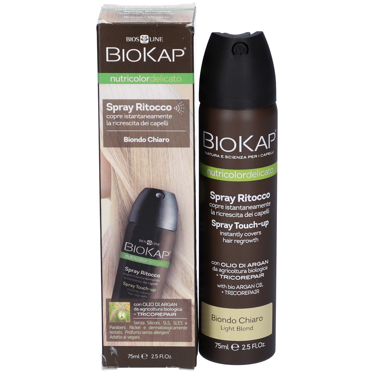 Confezione del prodotto con bomboletta spray per capelli. Scritta: BIOKAP, nutcoloridelicato, Spray Ritocco, Biondo Chiaro. Con olio di Argan.