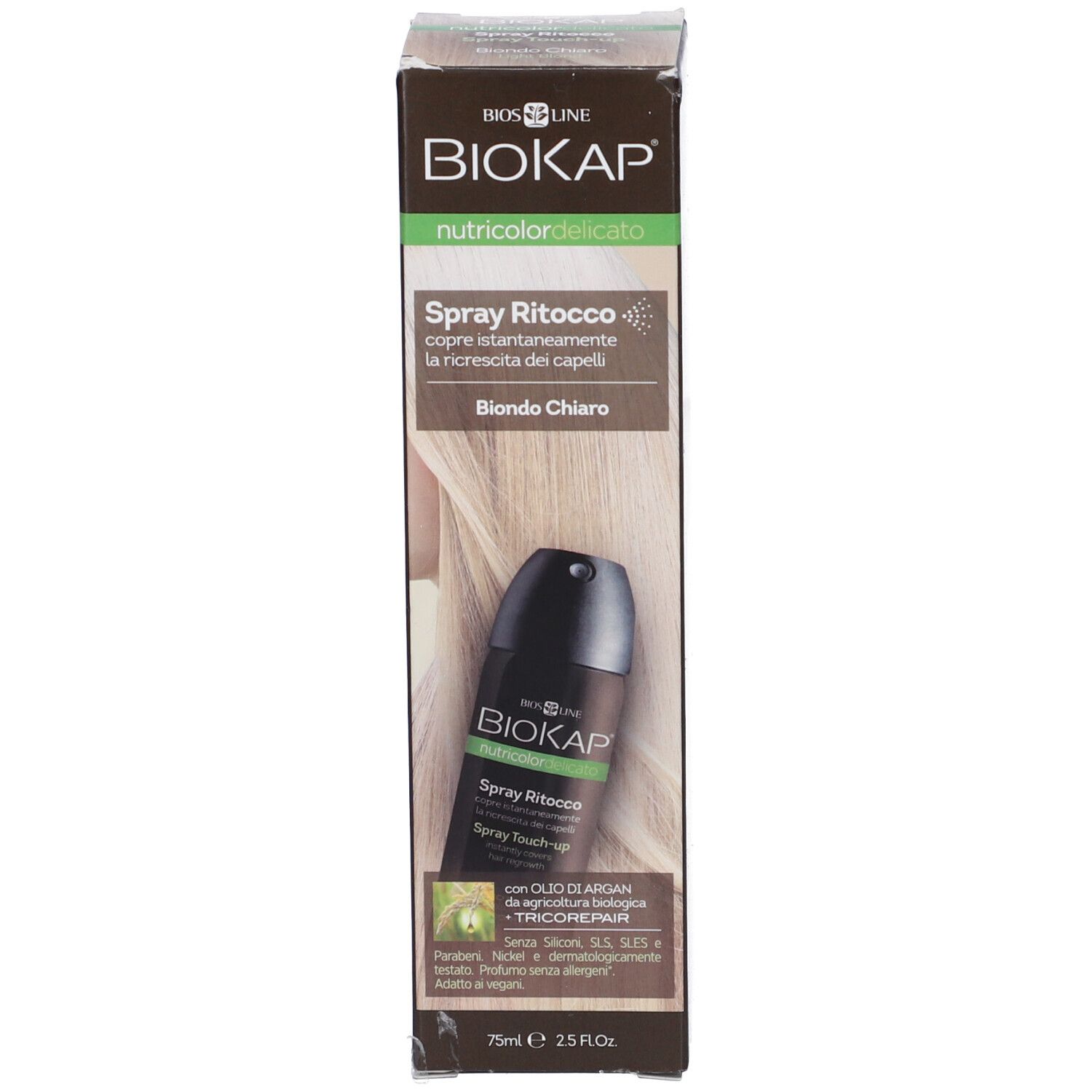 Confezione del prodotto con bomboletta spray per capelli. Scritta: BIOKAP, nutcoloridelicato, Spray Ritocco, Biondo Chiaro. Con olio di Argan.