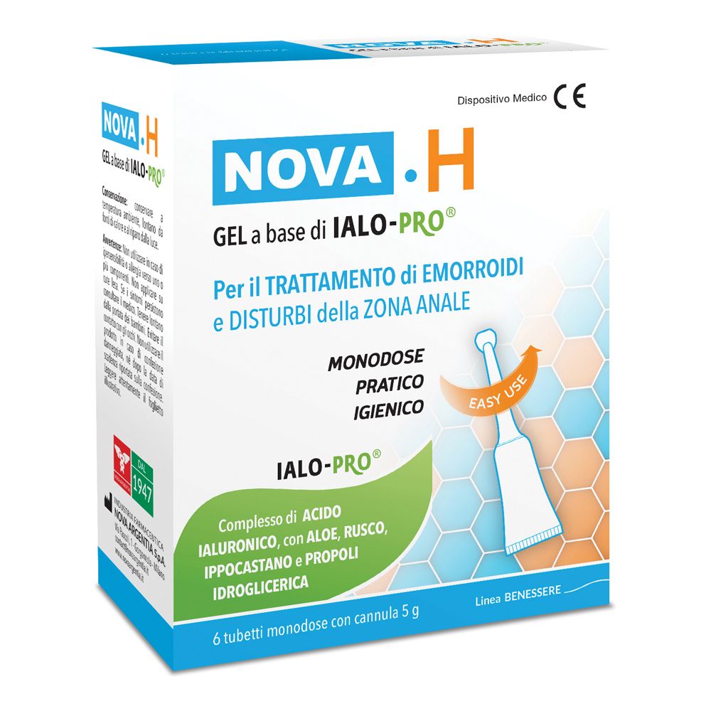 Confezione di NOVA.H Gel. Contiene 6 tubi monodose con applicatore. Dispositivo medico.