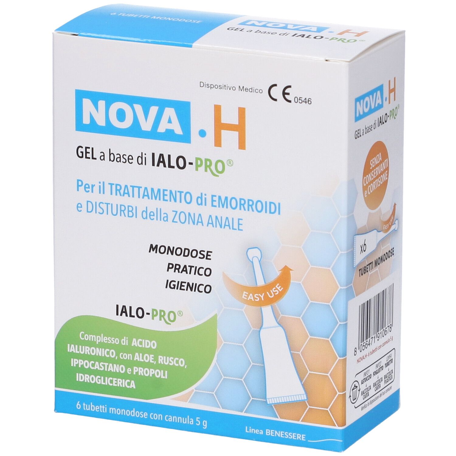 Confezione di NOVA.H Gel. Contiene 6 tubi monodose. Dispositivo medico. Senza conservanti e cortisone.