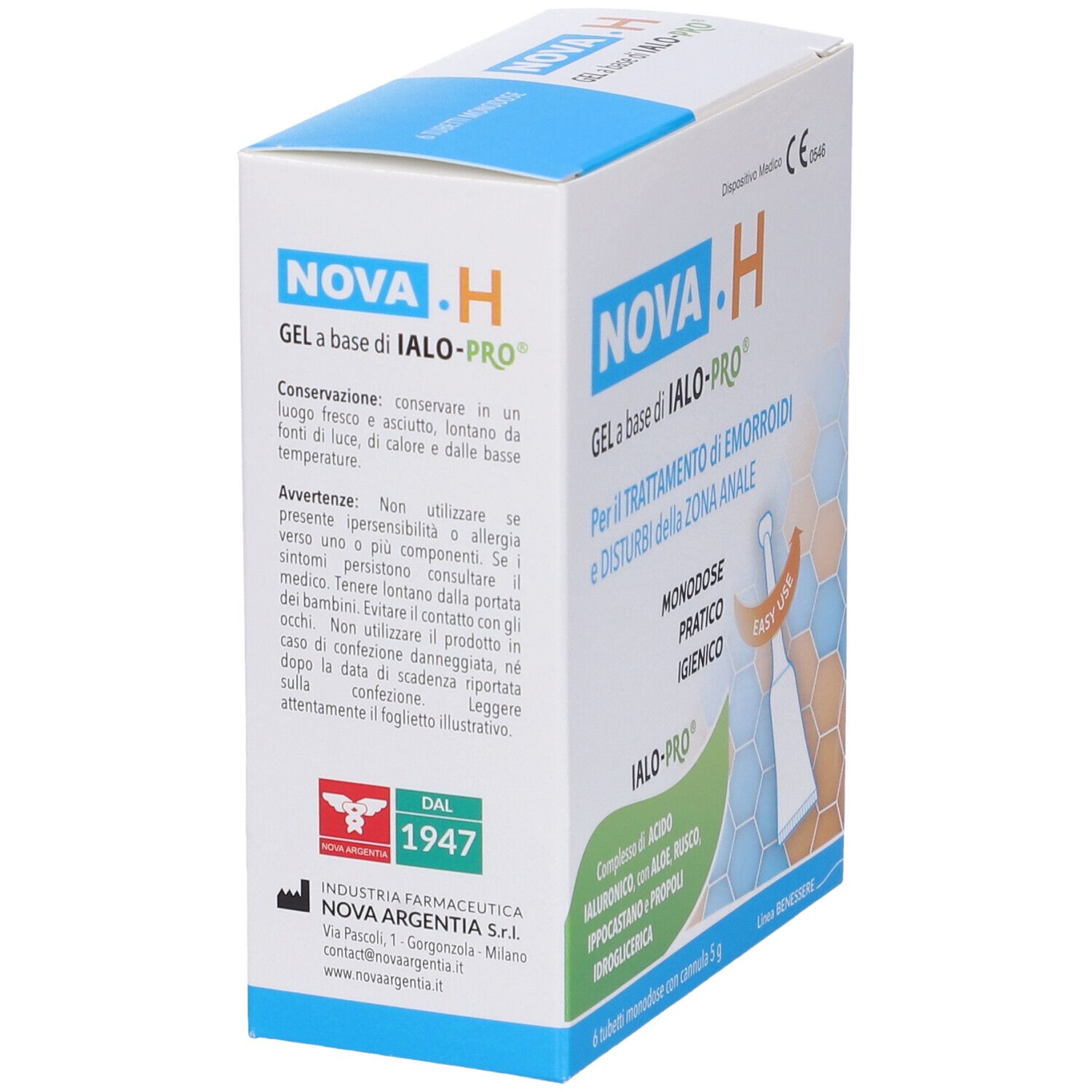 Retro della confezione di NOVA.H Gel. Informazioni testuali e ingredienti. Dispositivo medico.