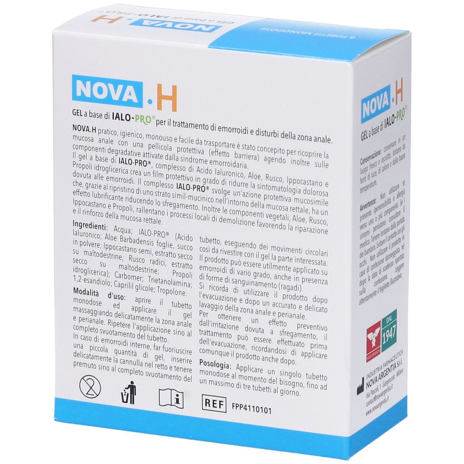 Confezione di NOVA.H Gel. Contiene 6 tubi monodose. Dispositivo medico.