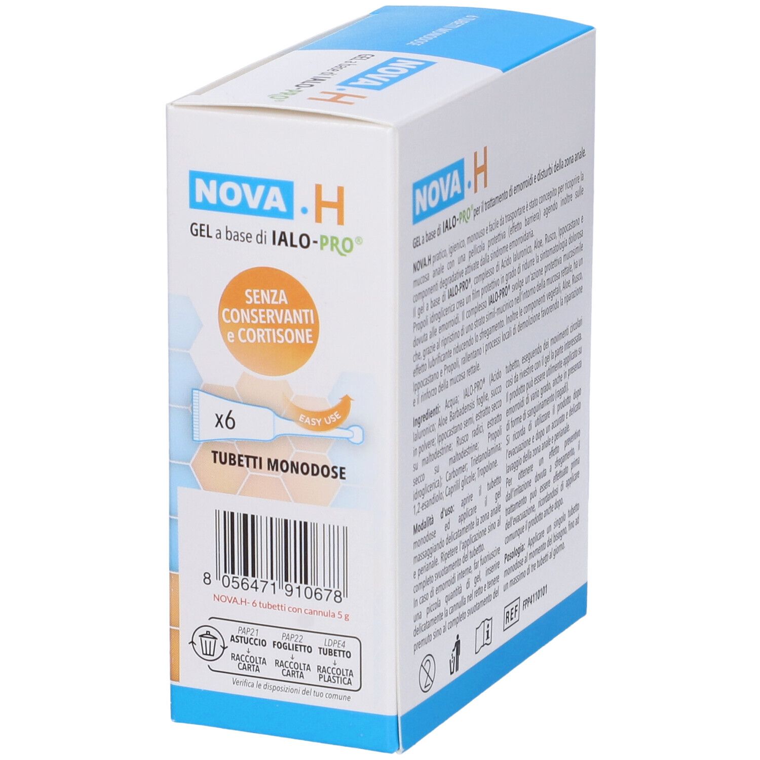 Retro della confezione di NOVA.H Gel. Informazioni testuali e ingredienti. Dispositivo medico.