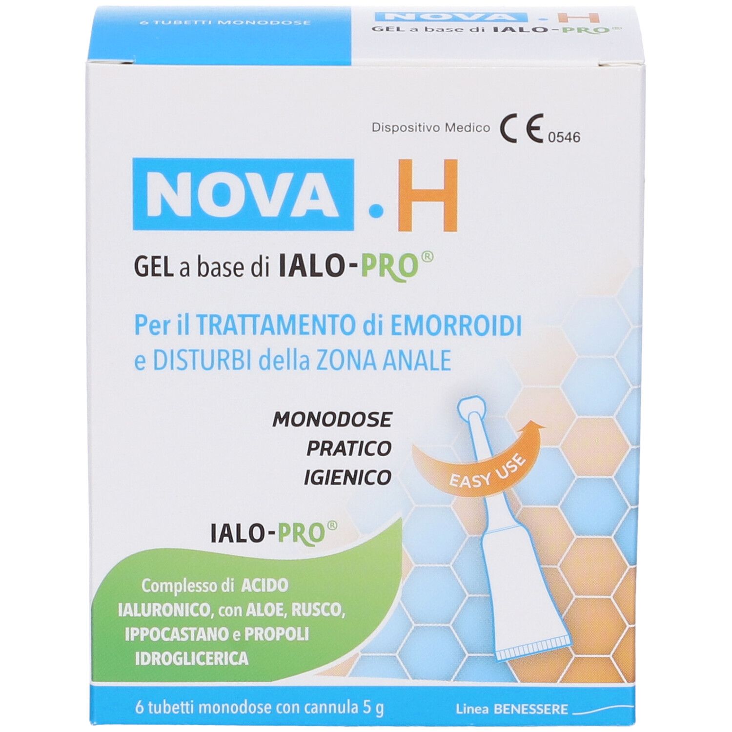 Confezione di NOVA.H Gel. Contiene 6 tubi monodose con applicatore. Dispositivo medico.