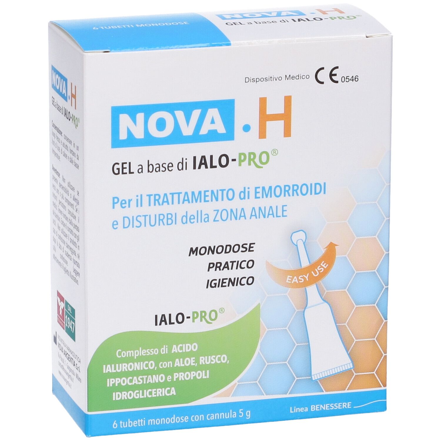 Confezione di NOVA.H Gel. Contiene 6 tubi monodose. Dispositivo medico.