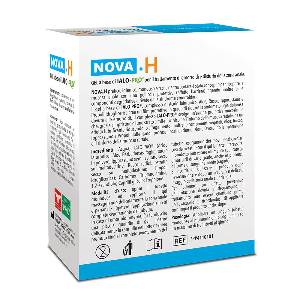 Retro della confezione di NOVA.H Gel. Informazioni testuali e ingredienti. Dispositivo medico.