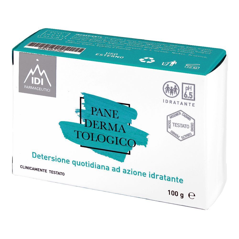 Verpackung mit Produktnamen und Logo. Text: 'Detersione quotidiana ad azione idratante'. pH 6.5, 100 g.