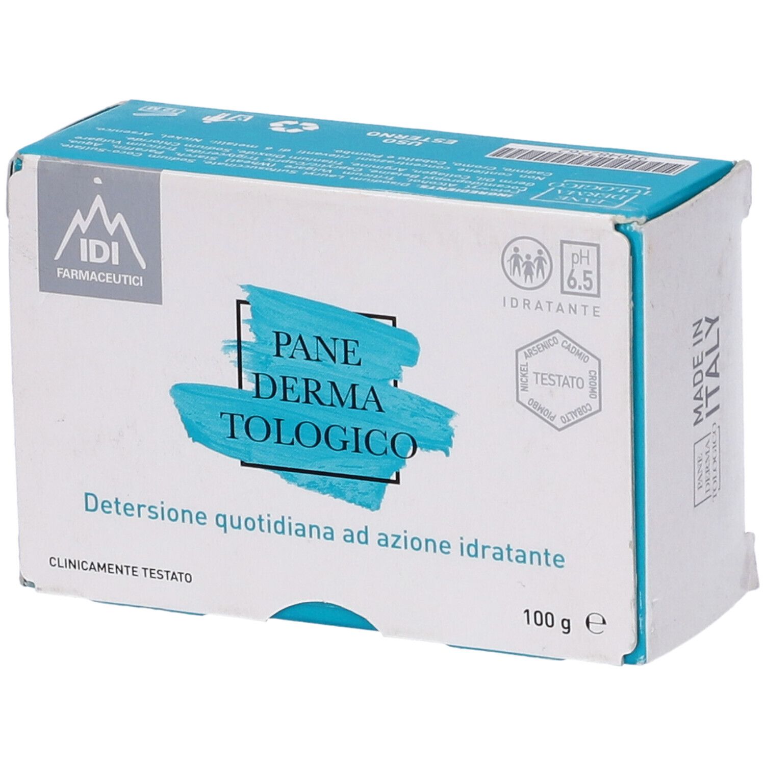 Produktverpackung, leicht schräg. Logo, Produktname und Text: 'Detersione quotidiana ad azione idratante'. pH 6.5, 100 g.