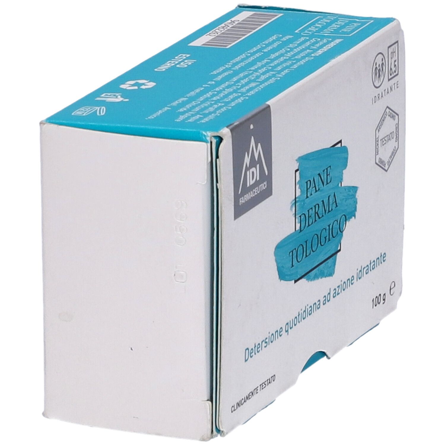 Produktverpackung, schräg von unten. Logo, Produktname und Text: 'Detersione quotidiana ad azione idratante'. pH 6.5, 100 g.