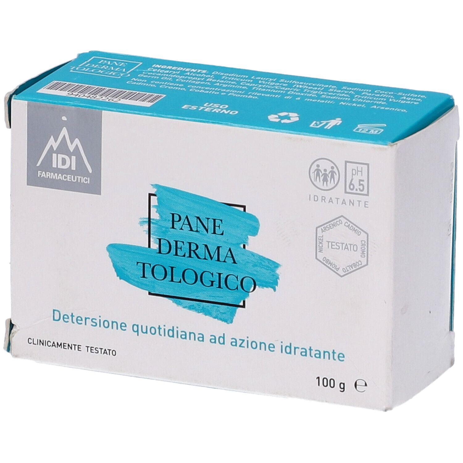 Produktverpackung, leicht schräg. Logo, Produktname und Text: 'Detersione quotidiana ad azione idratante'. pH 6.5, 100 g.
