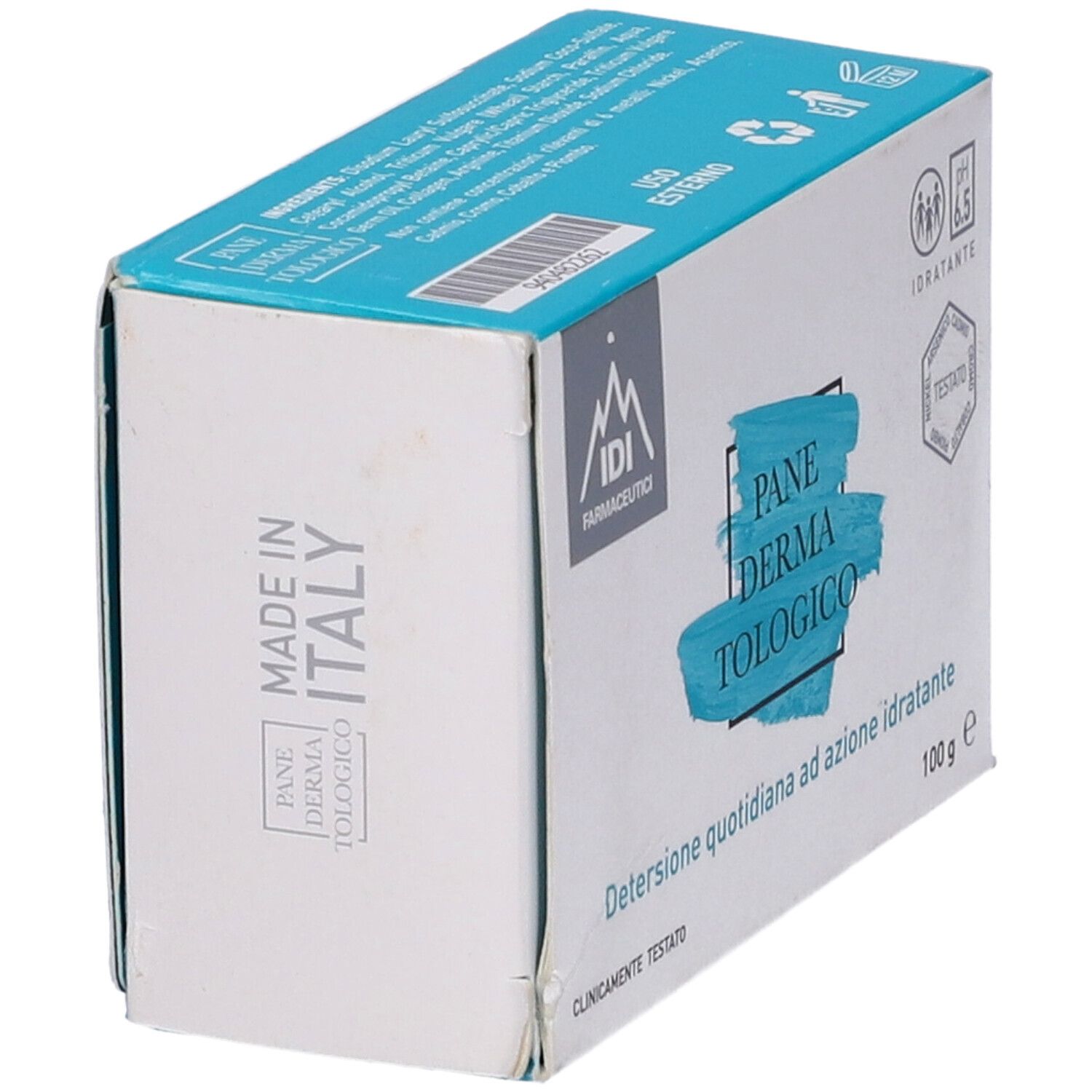 Produktverpackung, schräg von der Seite. Logo, Produktname und Text: 'Detersione quotidiana ad azione idratante'. pH 6.5, 100 g.