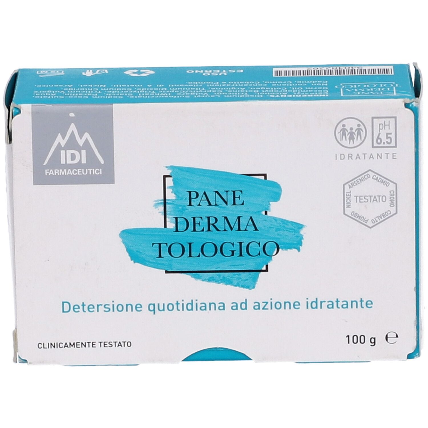 Produktverpackung. Logo, Produktname und Text: 'Detersione quotidiana ad azione idratante'. pH 6.5, 100 g.