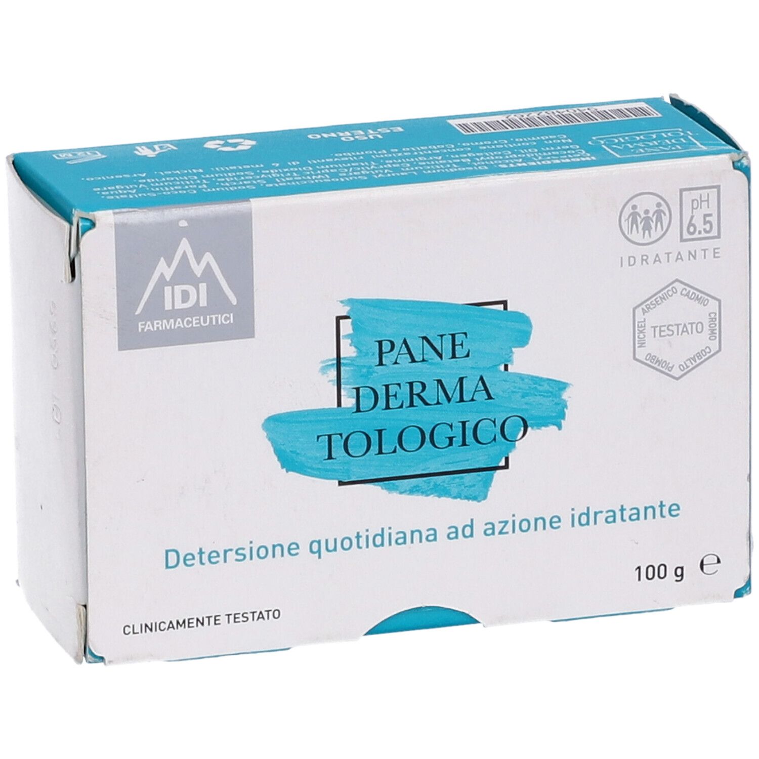Produktverpackung. Logo, Produktname und Text: 'Detersione quotidiana ad azione idratante'. pH 6.5, 100 g.