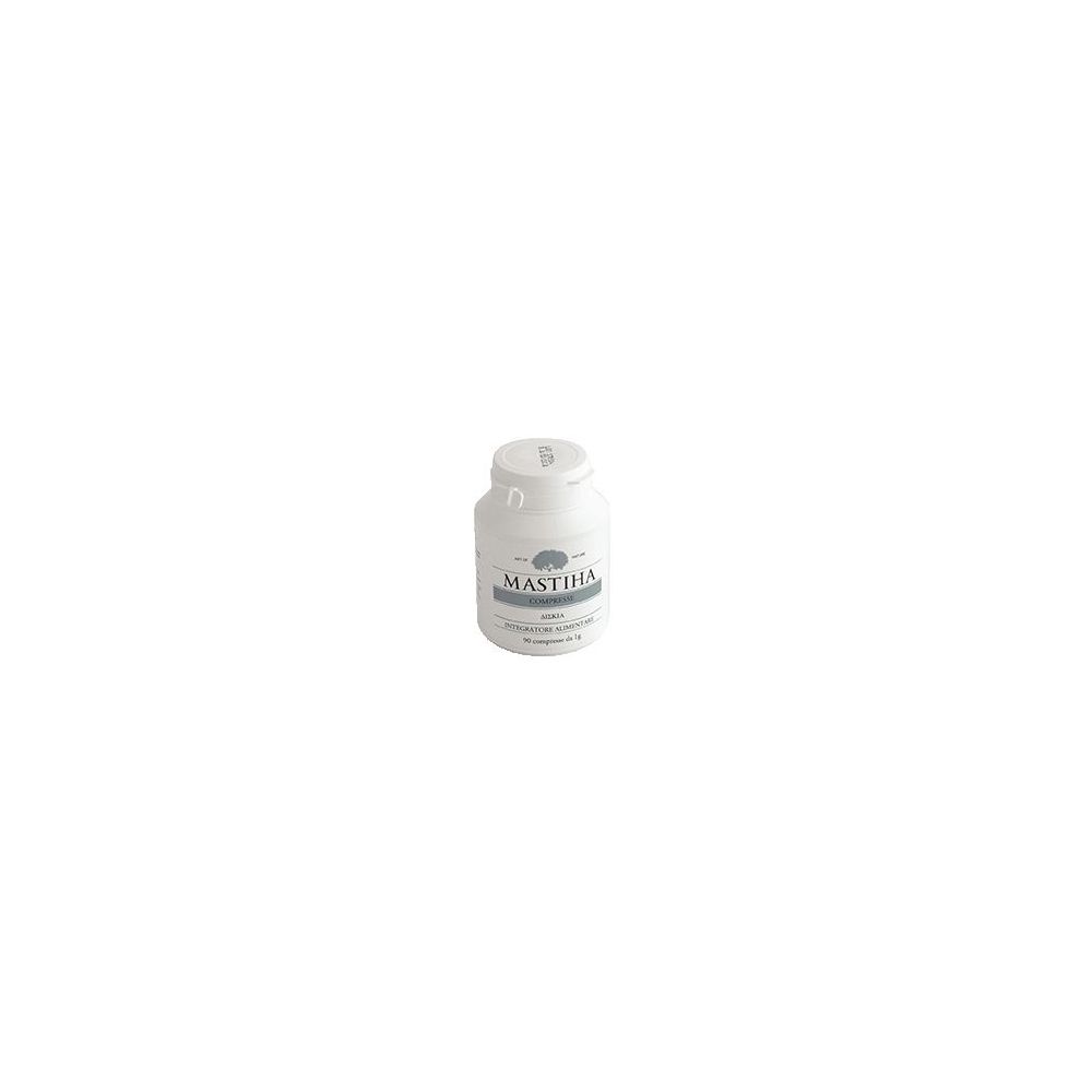 Flacone bianco con scritta Mastiha. Compresse. Coperchio con stampa.