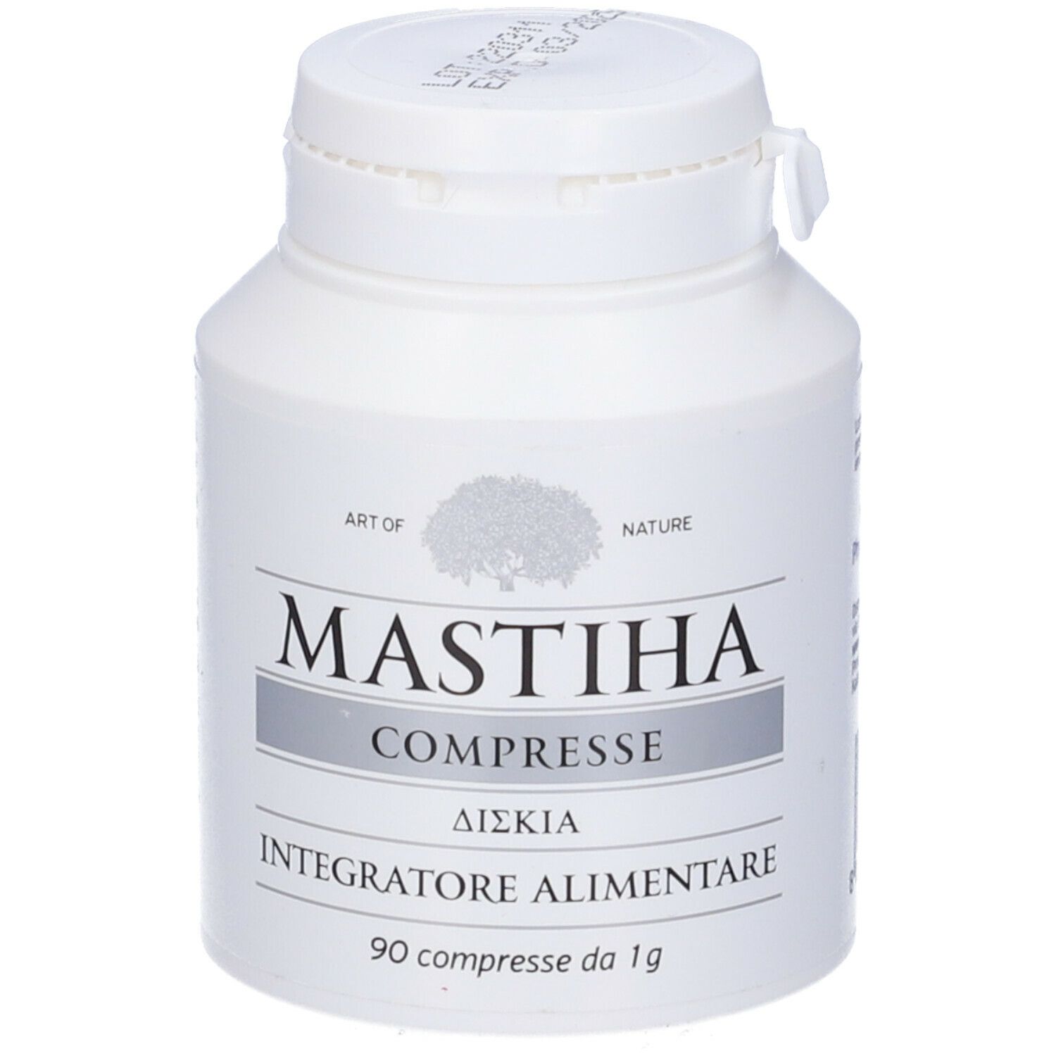 Flacone bianco con scritta Mastiha. 90 compresse. Coperchio stampato.