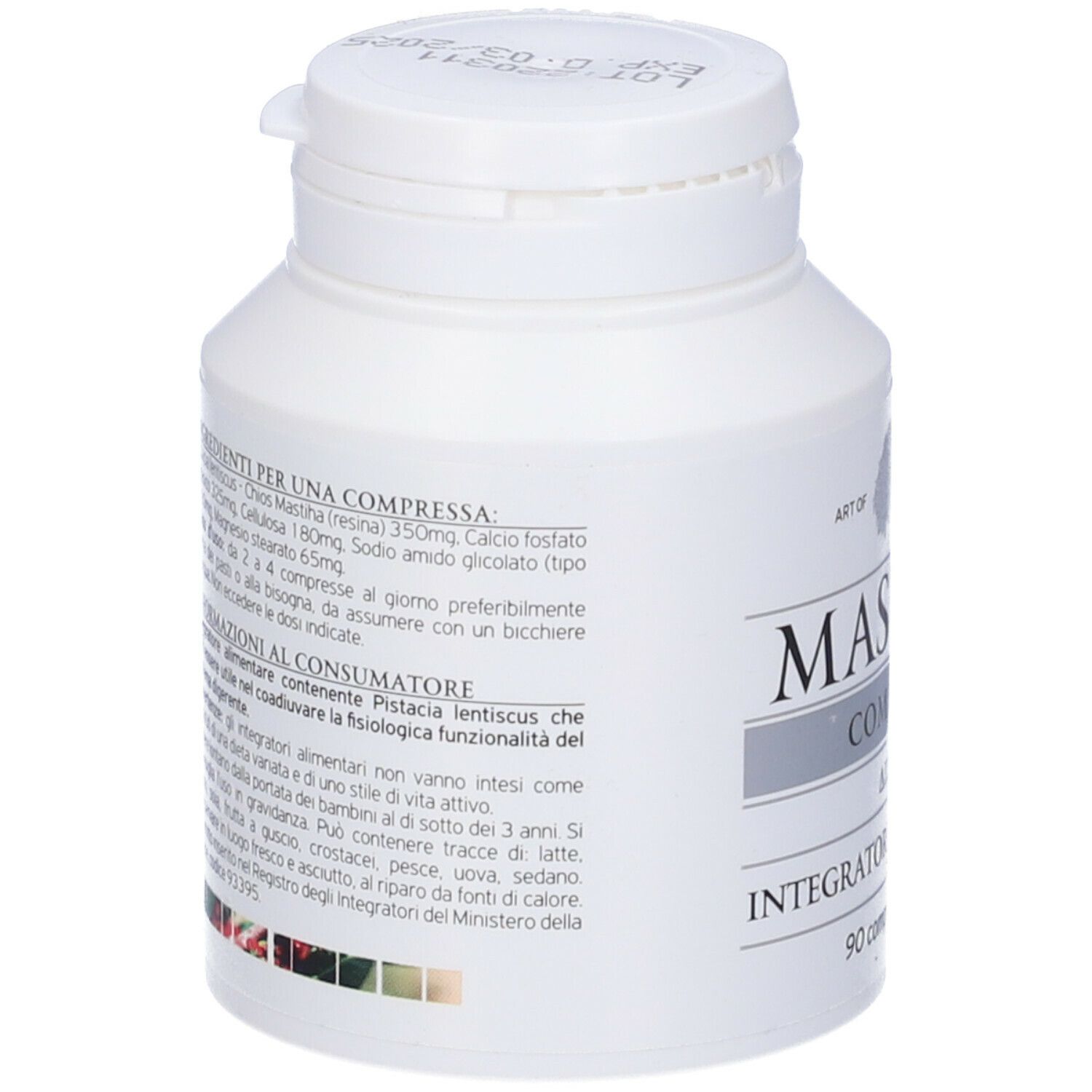 Flacone bianco con scritta Mastiha. Retro con ingredienti e testo.