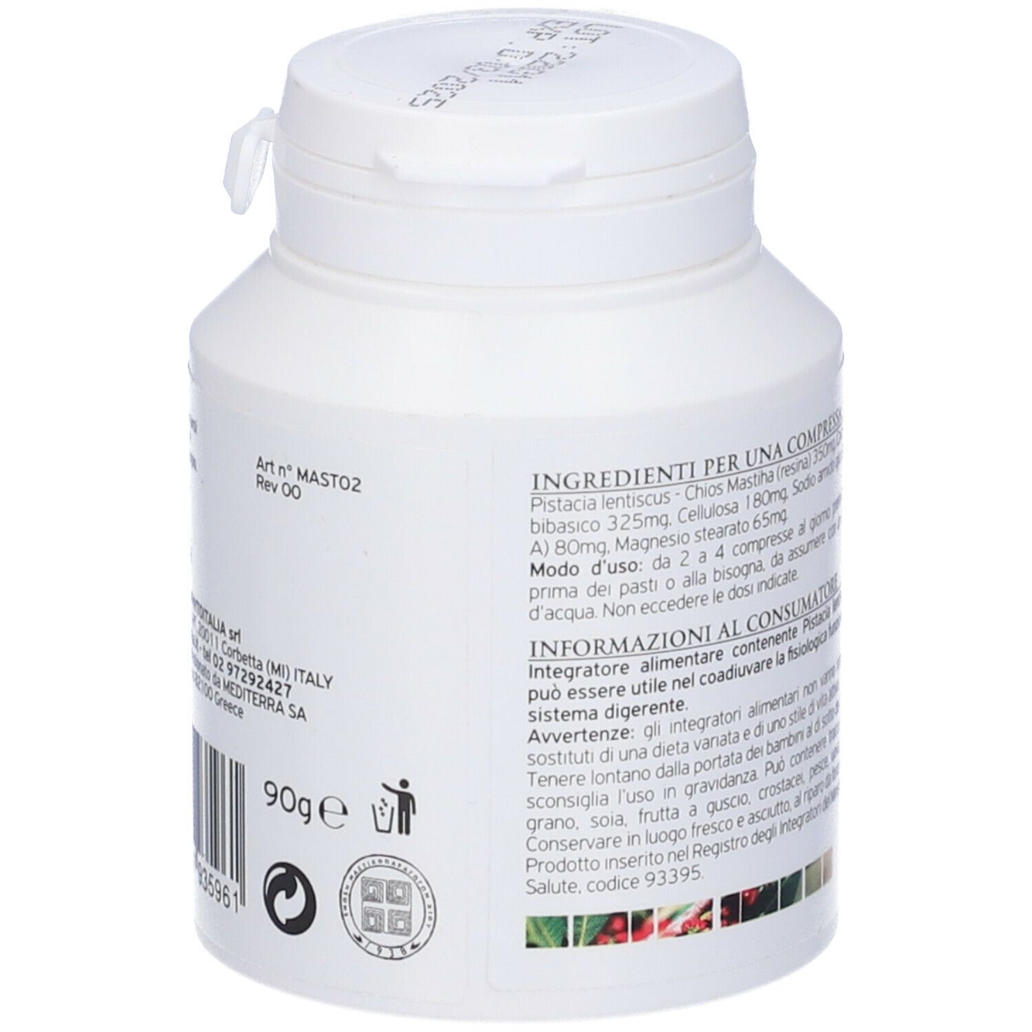 Flacone bianco con scritta Mastiha. Retro con ingredienti e testo.