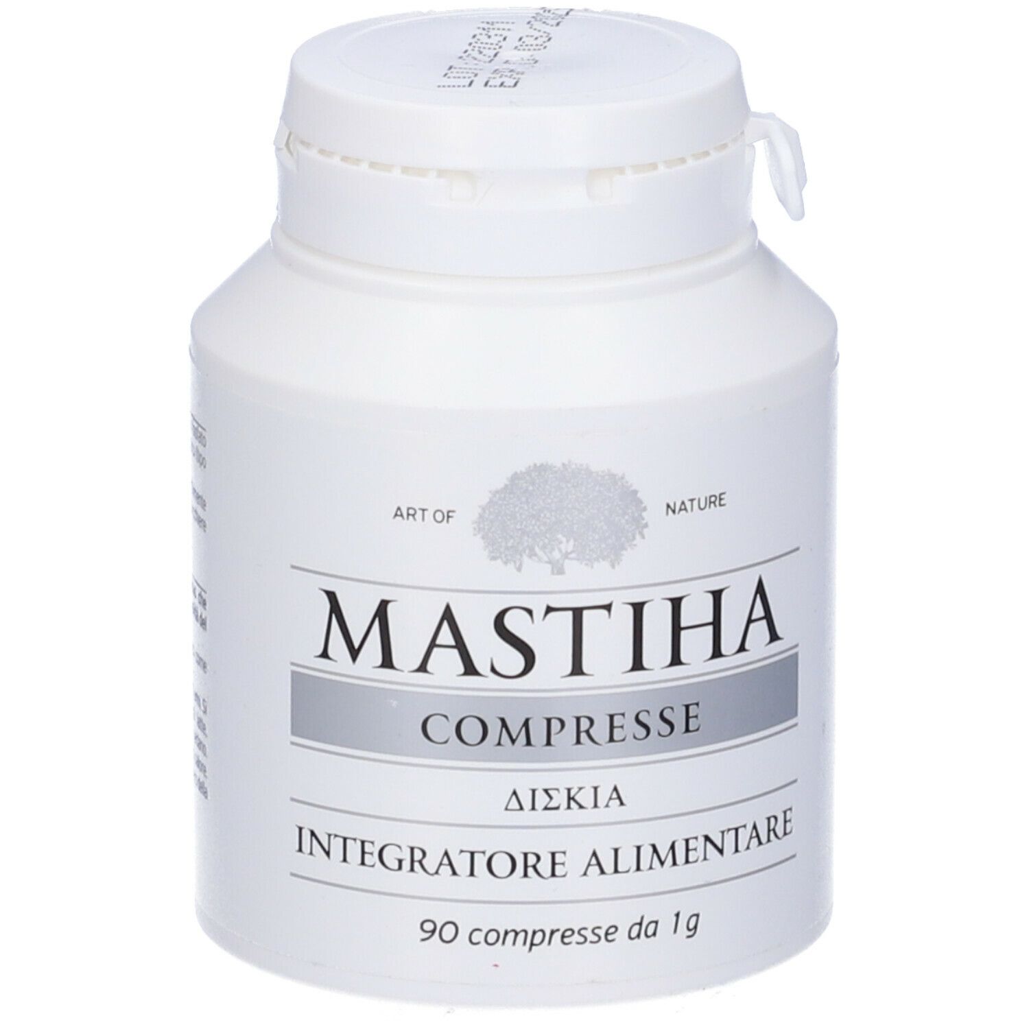 Flacone bianco con scritta Mastiha. 90 compresse. Coperchio stampato.
