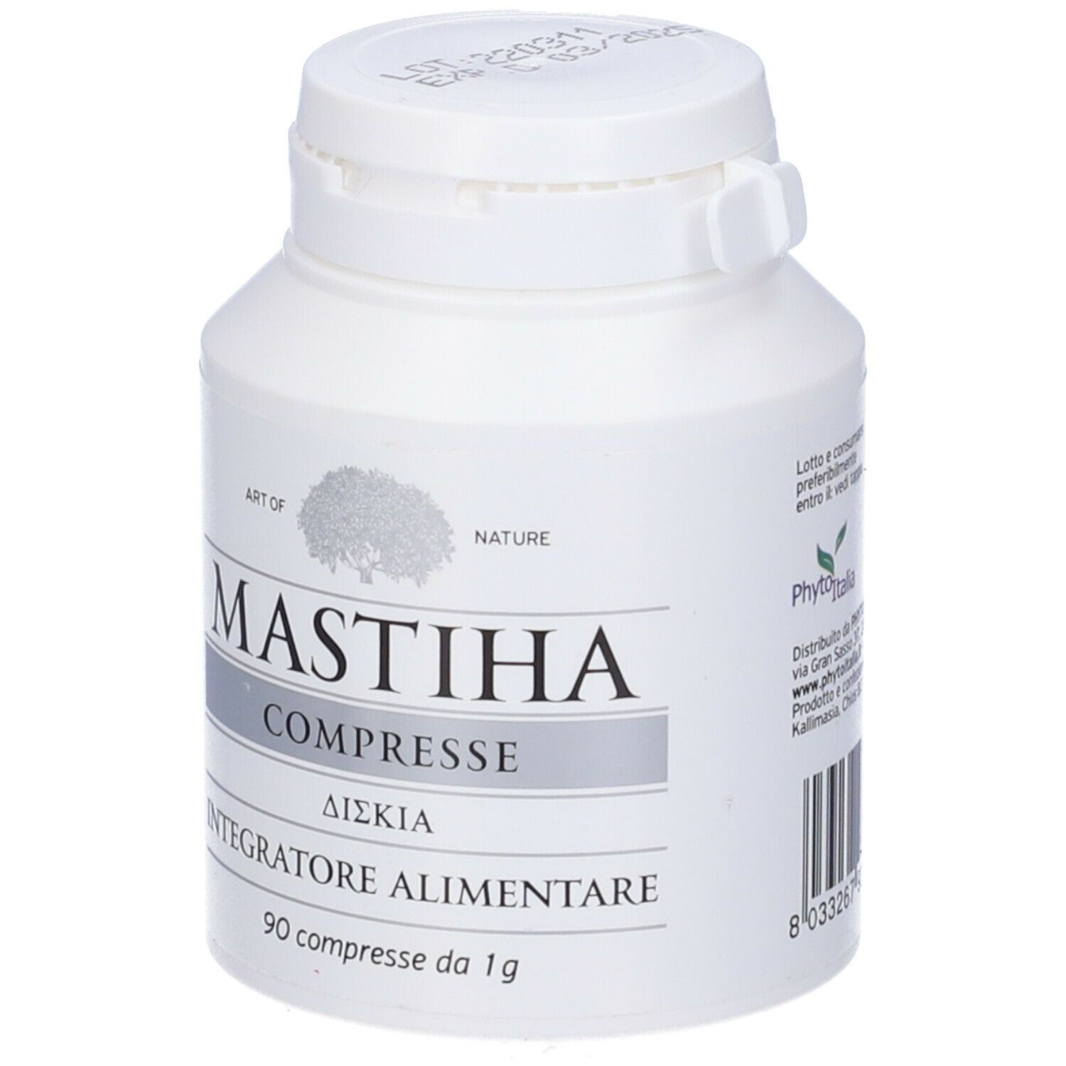 Flacone bianco con scritta Mastiha. 90 compresse. Coperchio stampato.