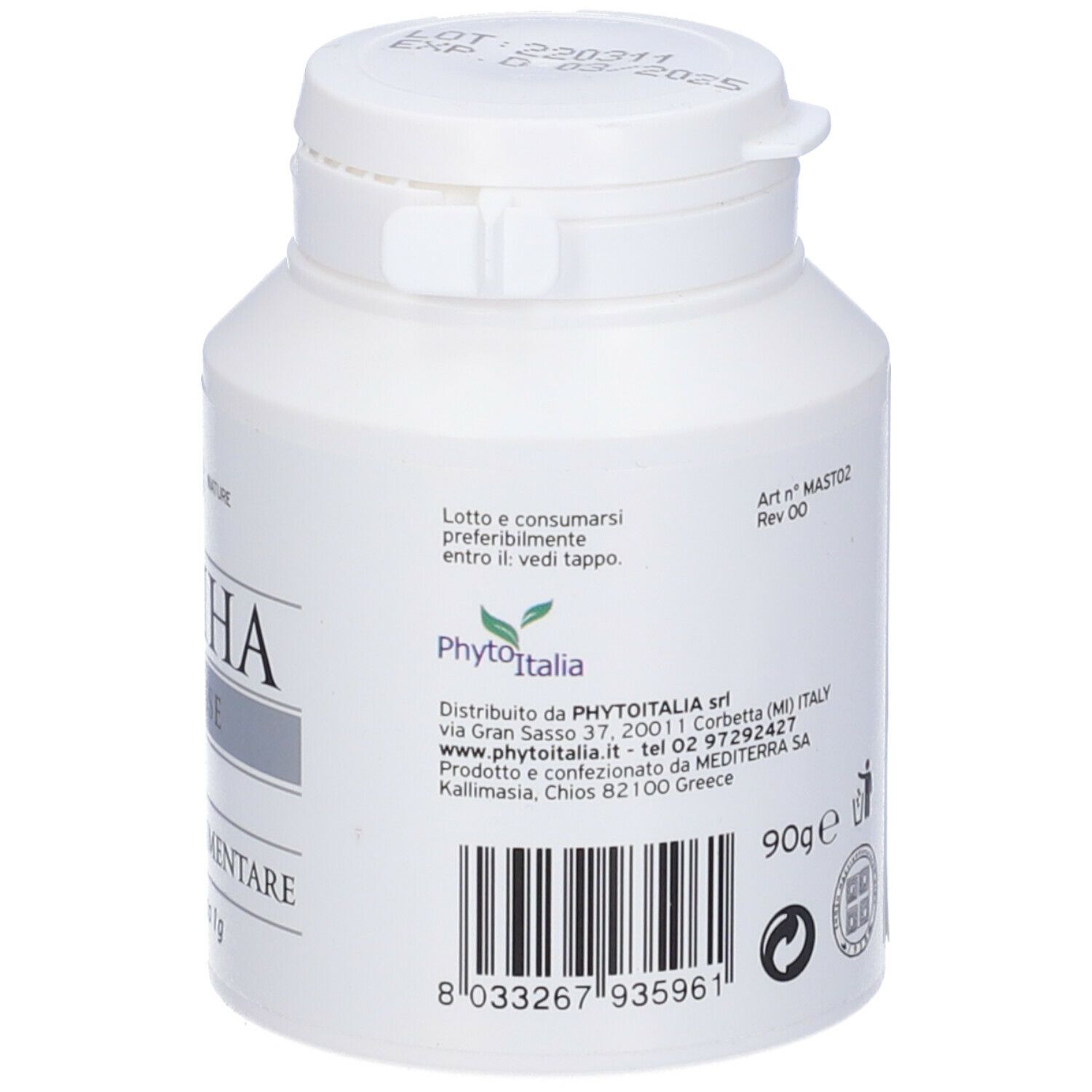 Flacone bianco con scritta Mastiha. Retro con testo e codice.