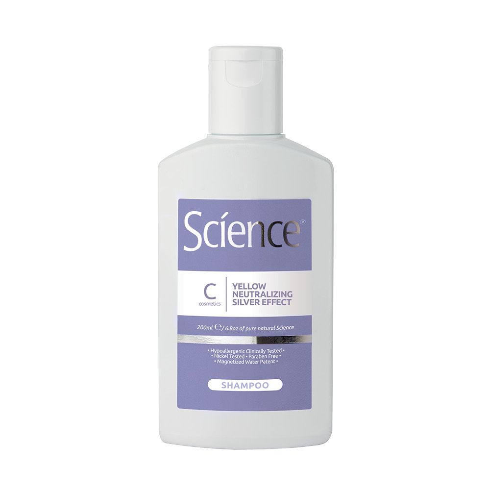 Flacone shampoo, tappo bianco, etichetta viola con Science, Yellow Neutralizing Silver Effect.