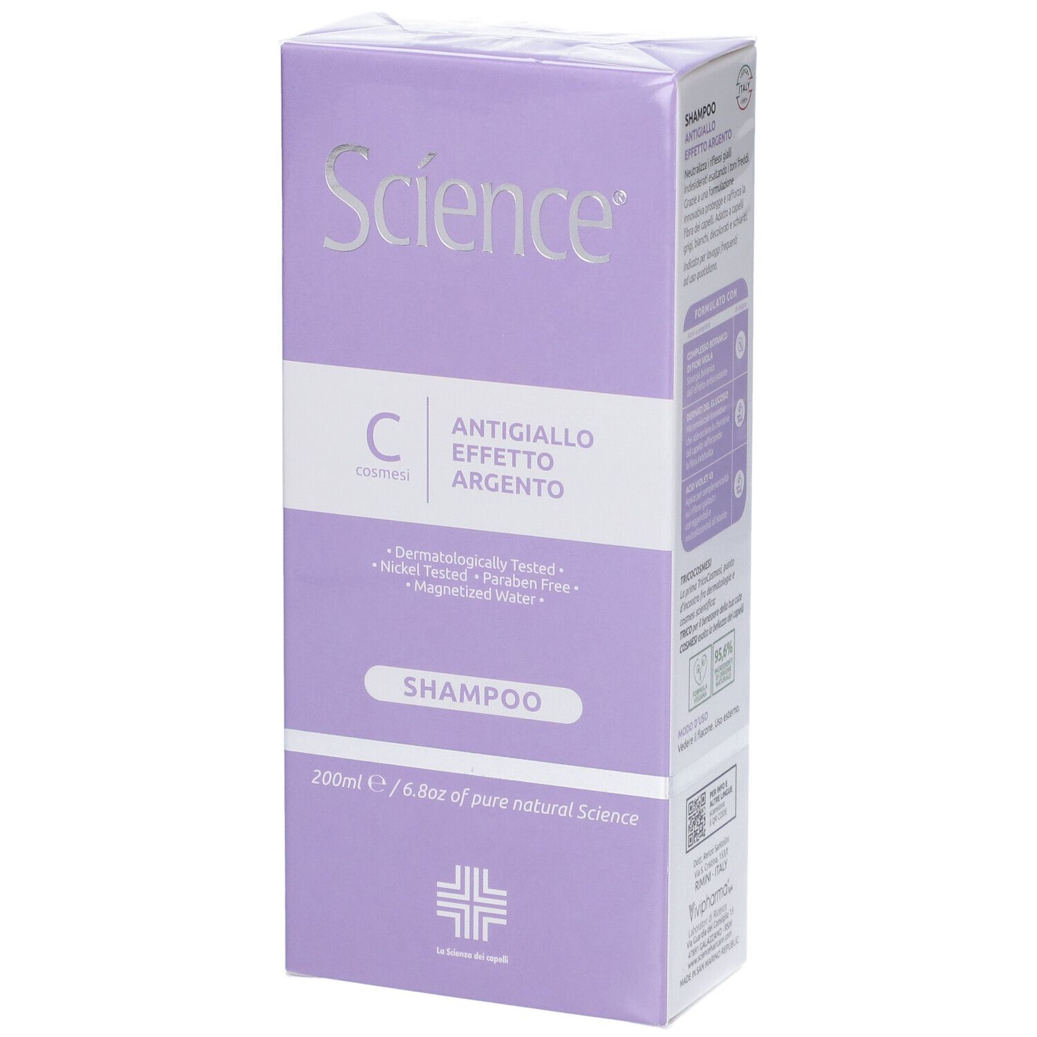 Confezione prodotto, viola, con flacone shampoo. Scritta Science, Antigiallo Effetto Argento.