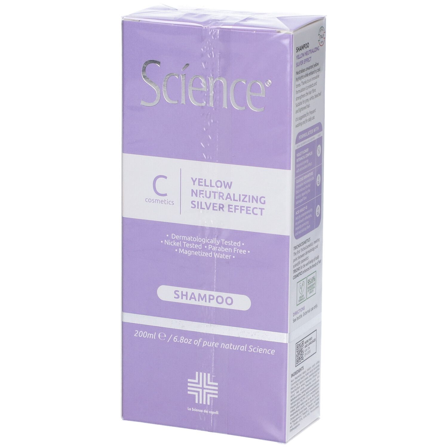 Confezione prodotto, viola, con flacone shampoo. Scritta Science, Antigiallo Effetto Argento.