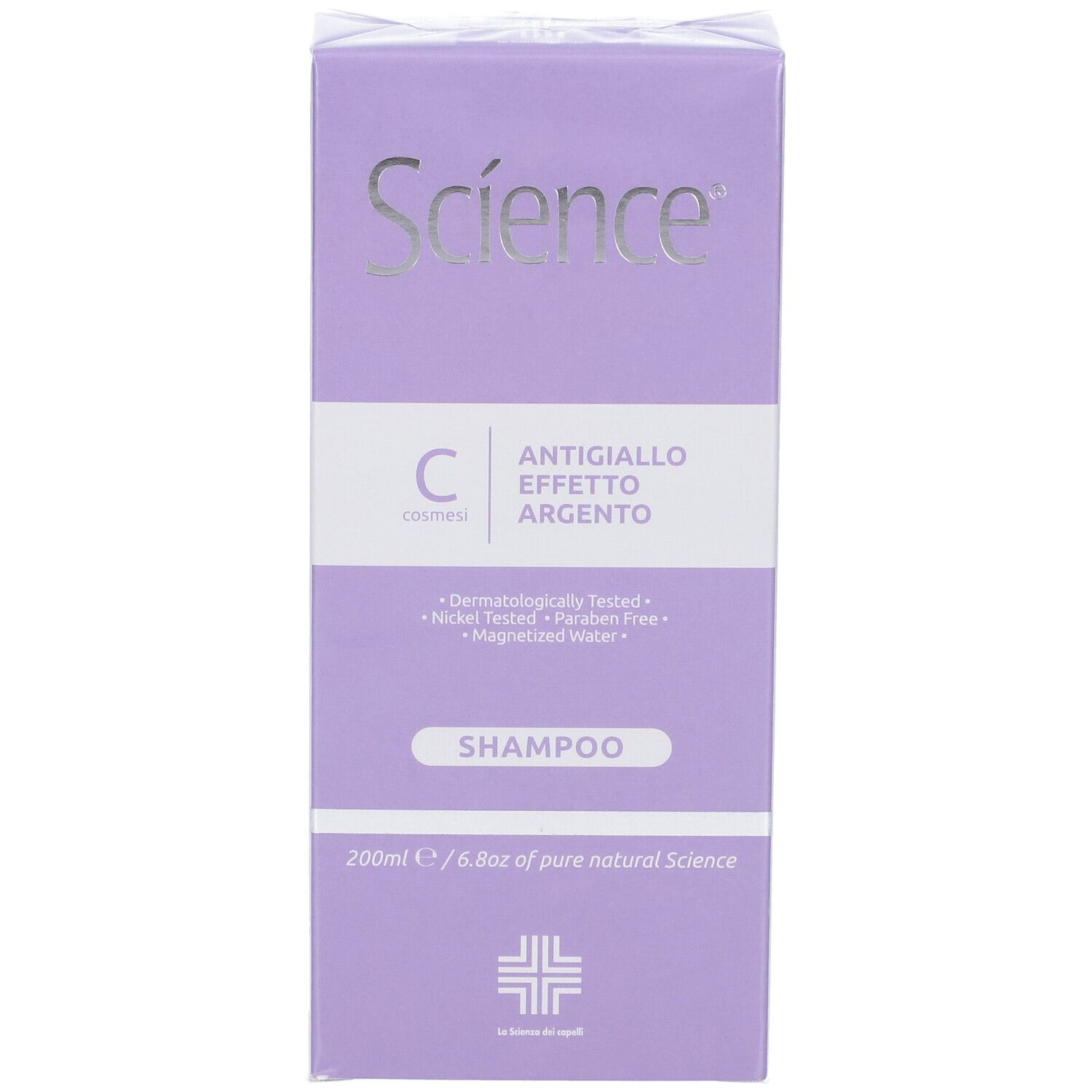 Confezione prodotto, viola, con flacone shampoo. Scritta Science, Antigiallo Effetto Argento.