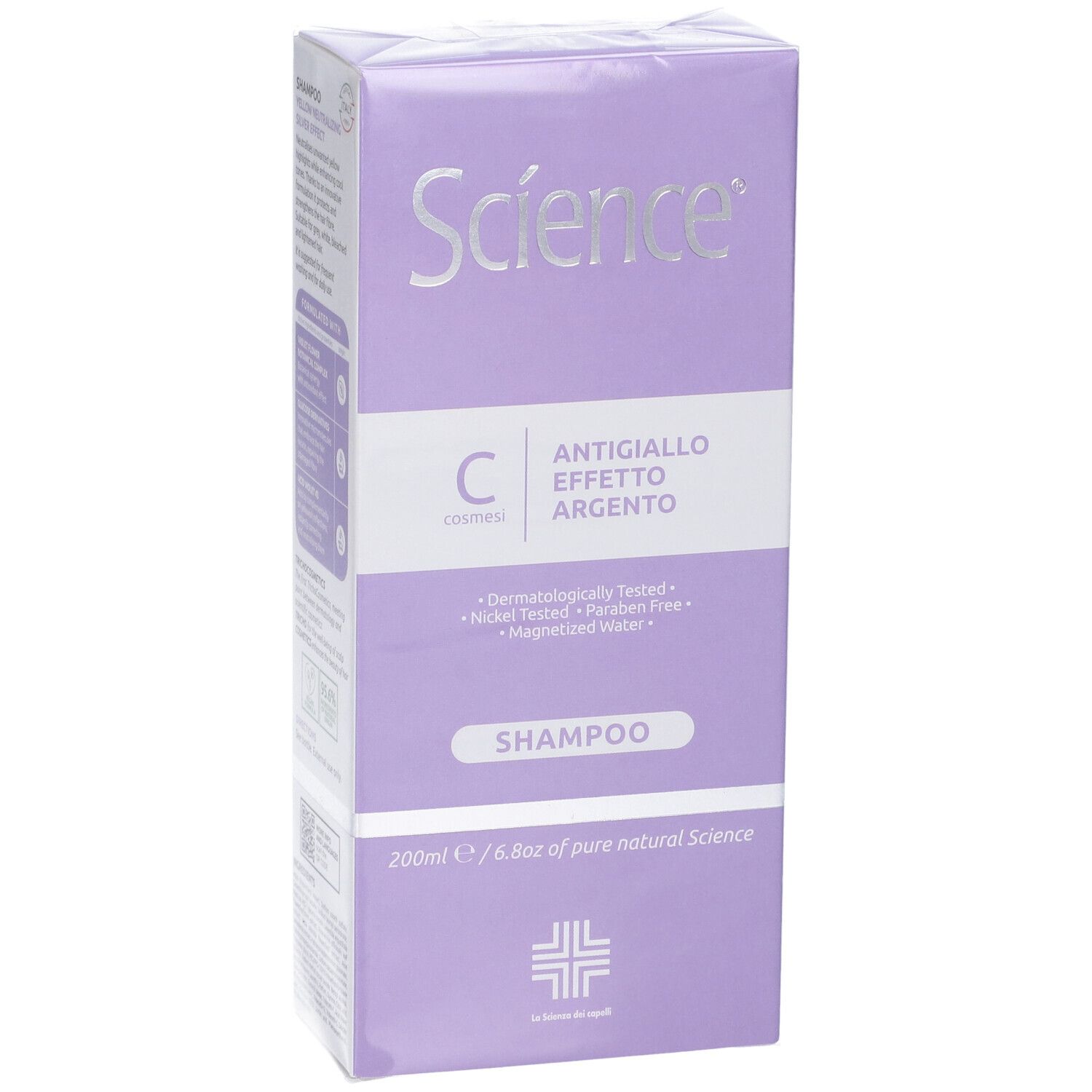 Confezione prodotto, viola, con flacone shampoo. Scritta Science, Antigiallo Effetto Argento.