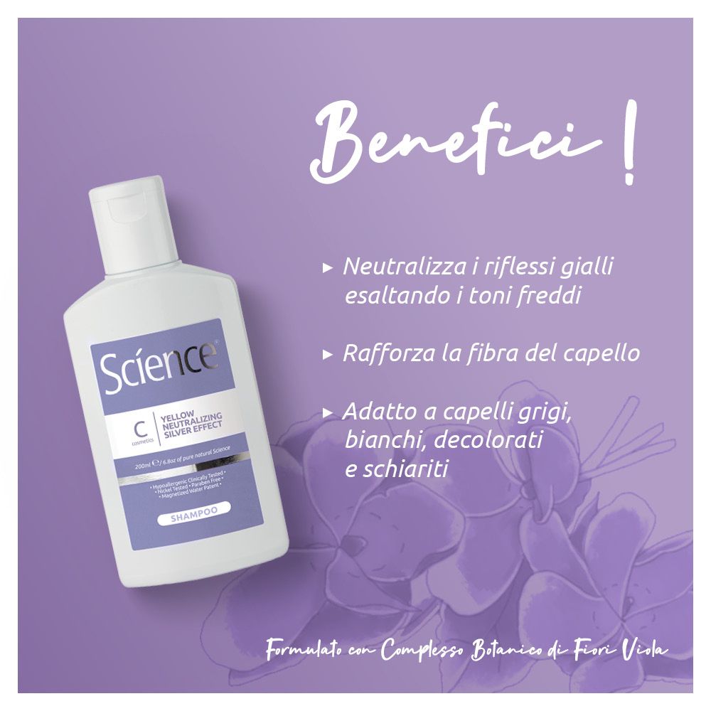 Immagine con testo: Benefici, Neutralizza riflessi gialli, rinforza fibra capelli, per capelli grigi, decolorati.
