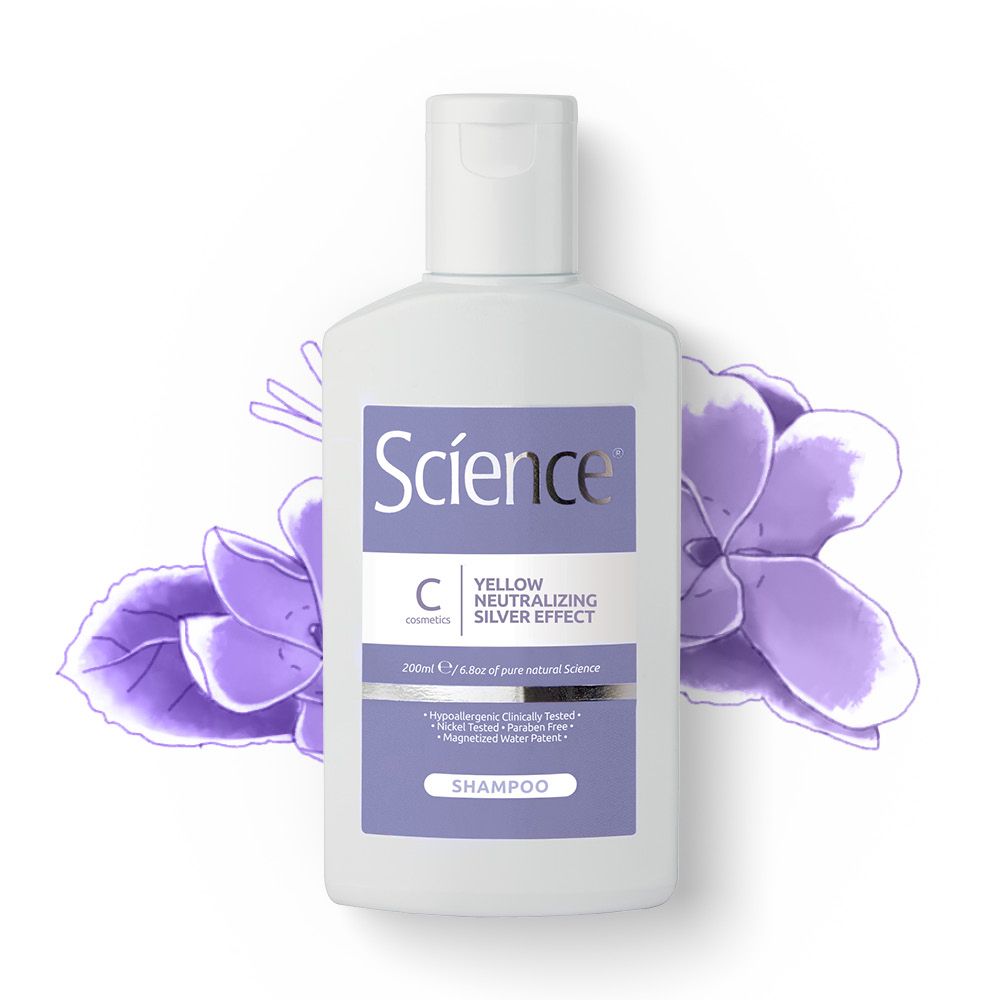 Flacone shampoo con fiori viola. Scritta Science, Yellow Neutralizing Silver Effect.