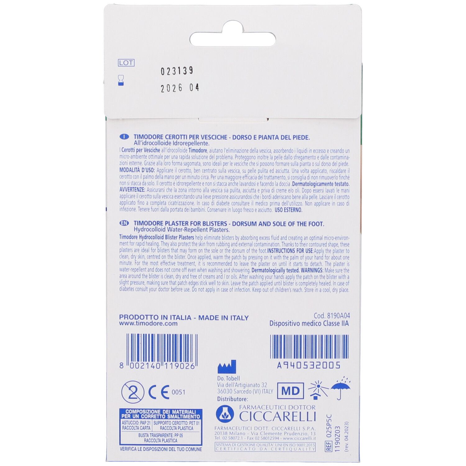 Rückseite der Verpackung mit Produktinformationen. Text in mehreren Sprachen. Medizinprodukt. Hersteller: Dr. Ciccarelli.