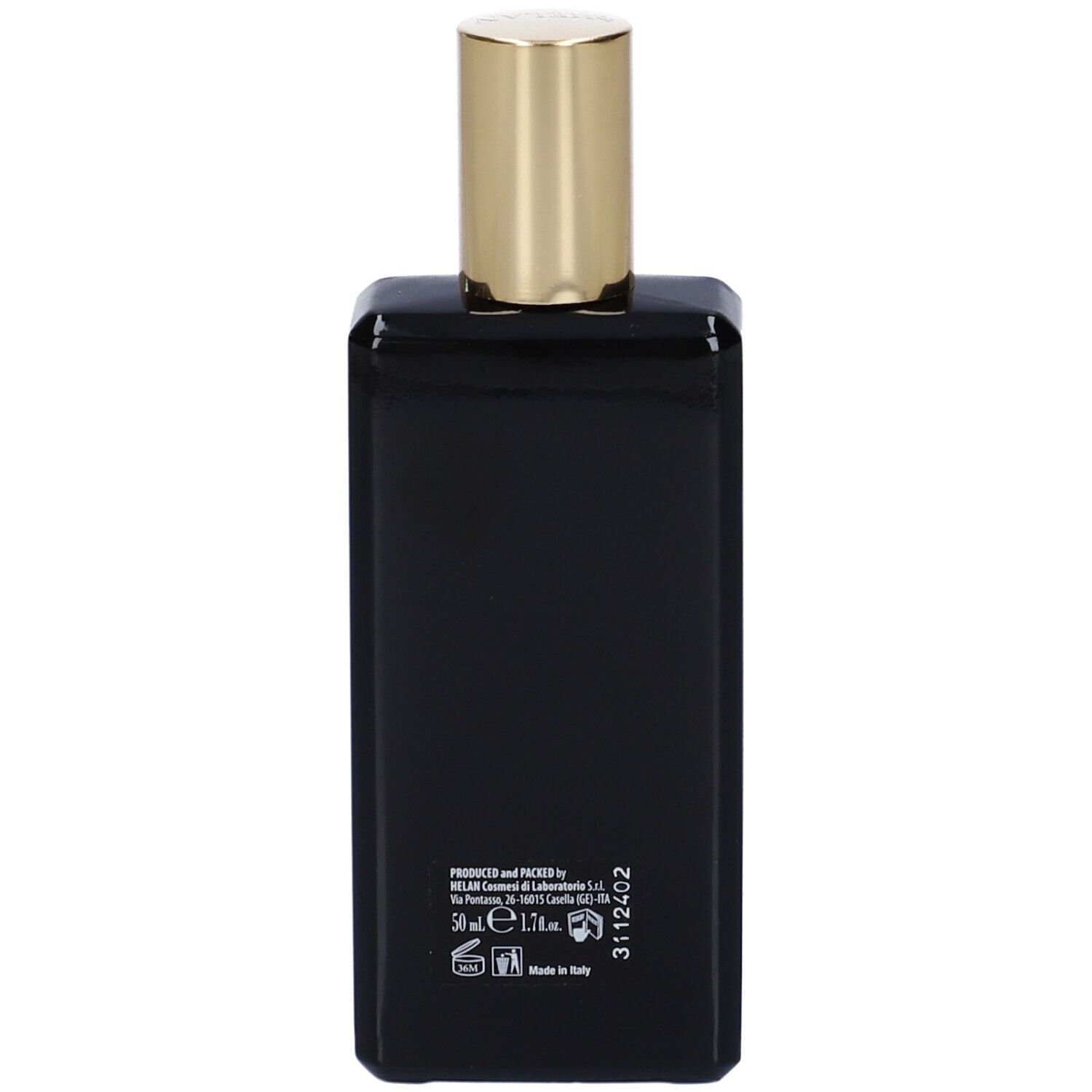 Schwarze rechteckige Flasche mit goldfarbenem Verschluss. Enthält 50 ml.