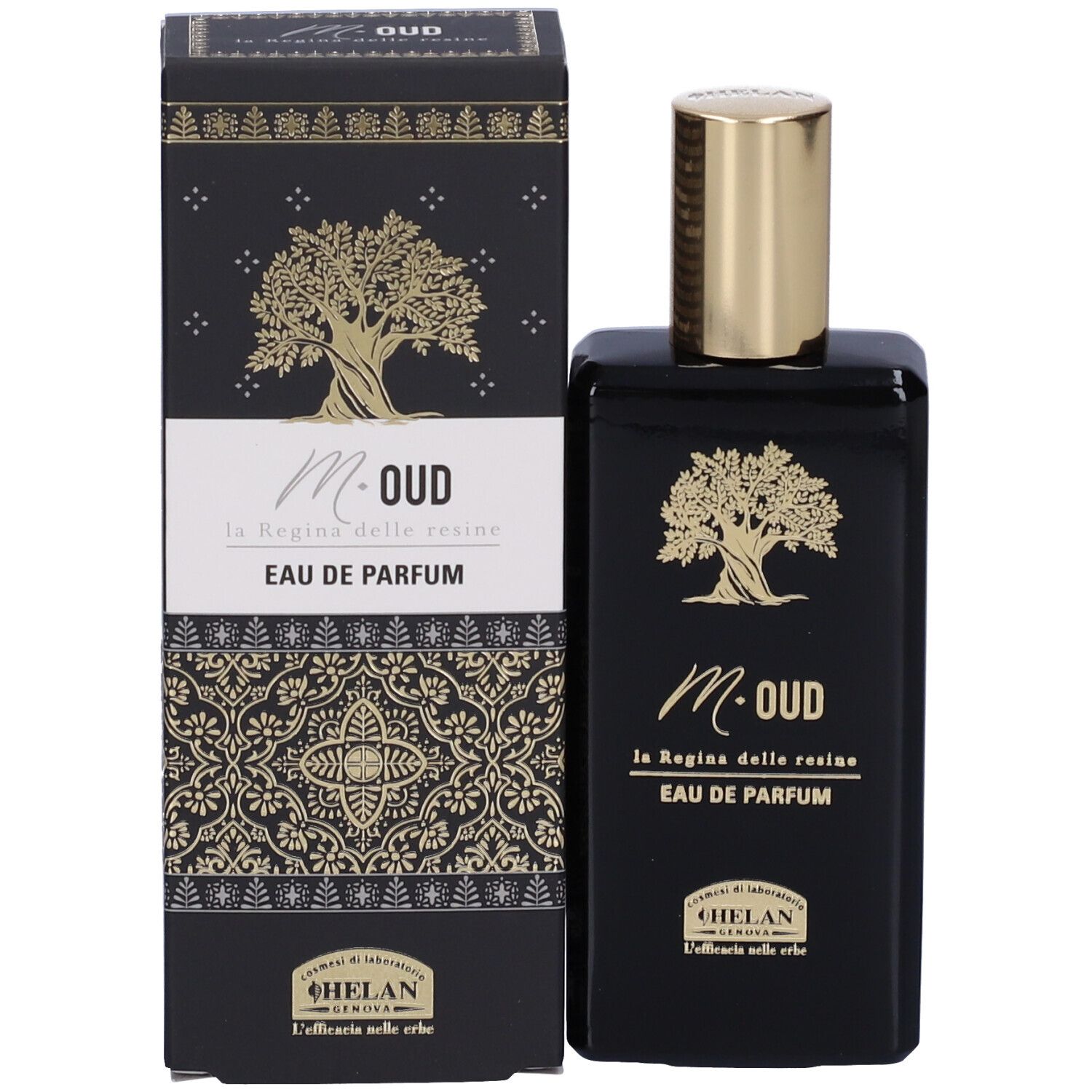Schwarze Parfümflasche mit goldenem Verschluss und Baumdesign. Daneben die passende Verpackung.