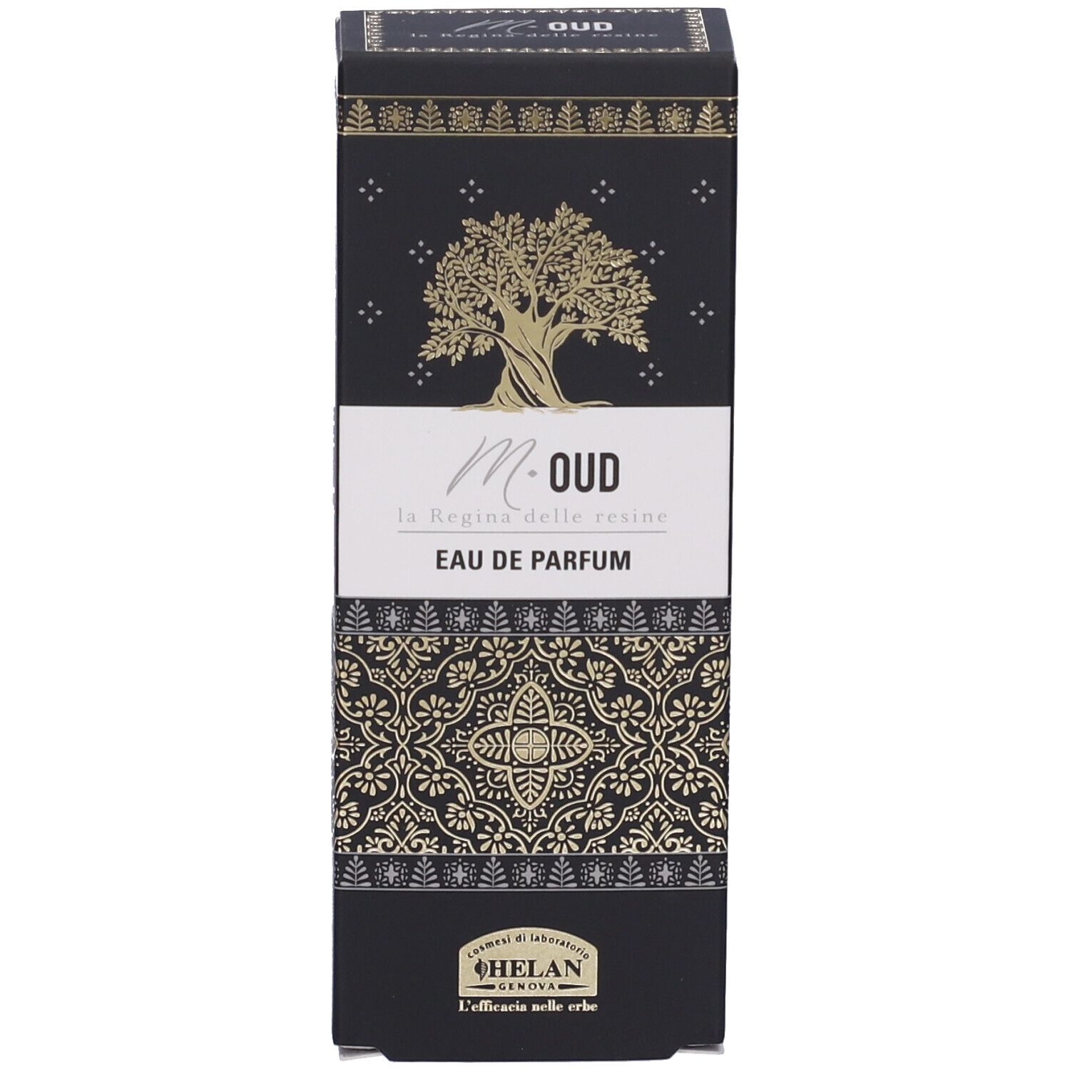 Verpackung für M.Oud Eau de Parfum mit Baum- und Musterdesign.