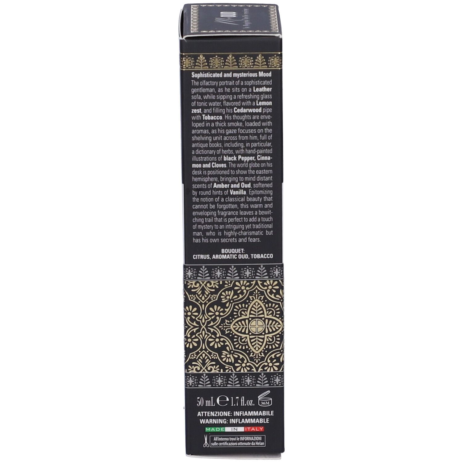 Schwarze Verpackung mit goldener und weißer Schrift, 50 ml.