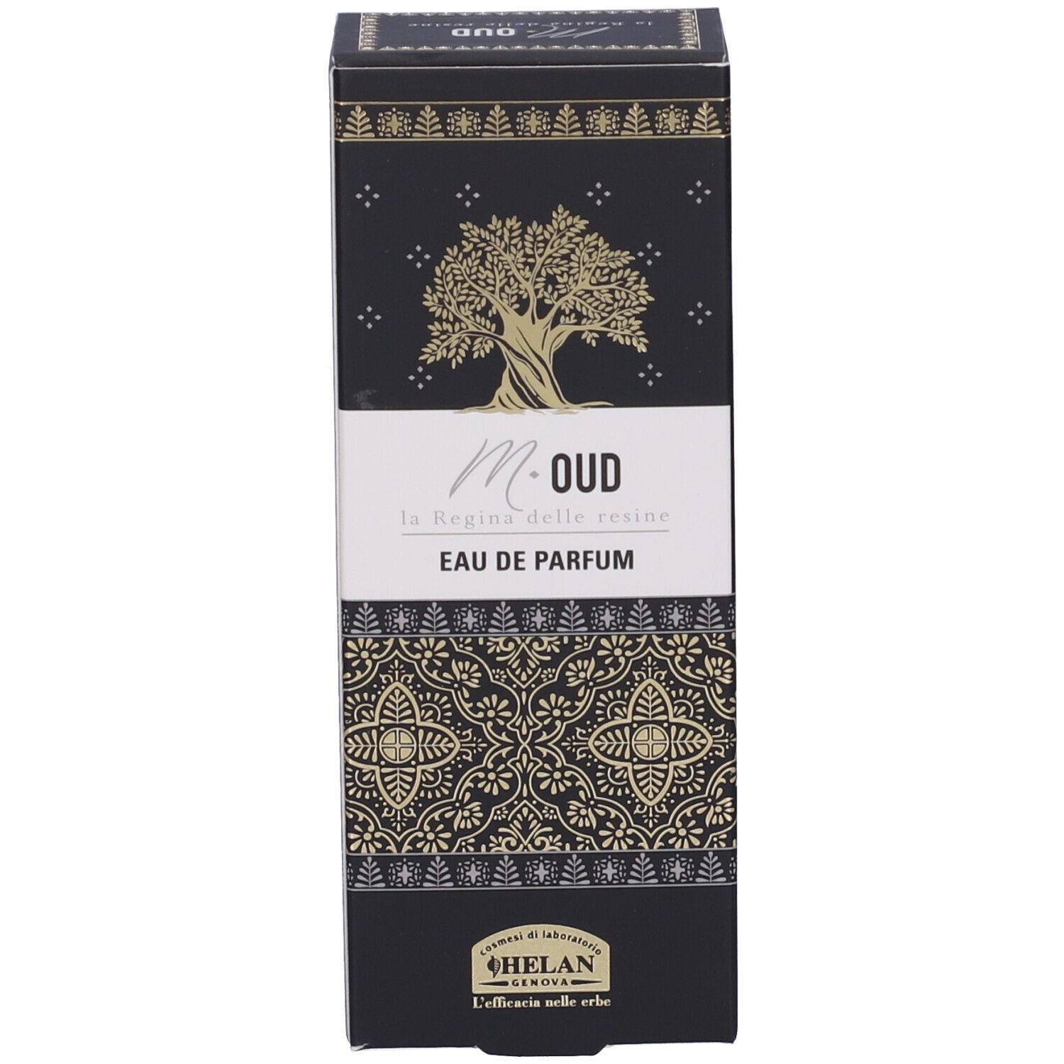 Verpackung für Eau de Parfum "M. Oud" mit Baum- und Musterdesign.