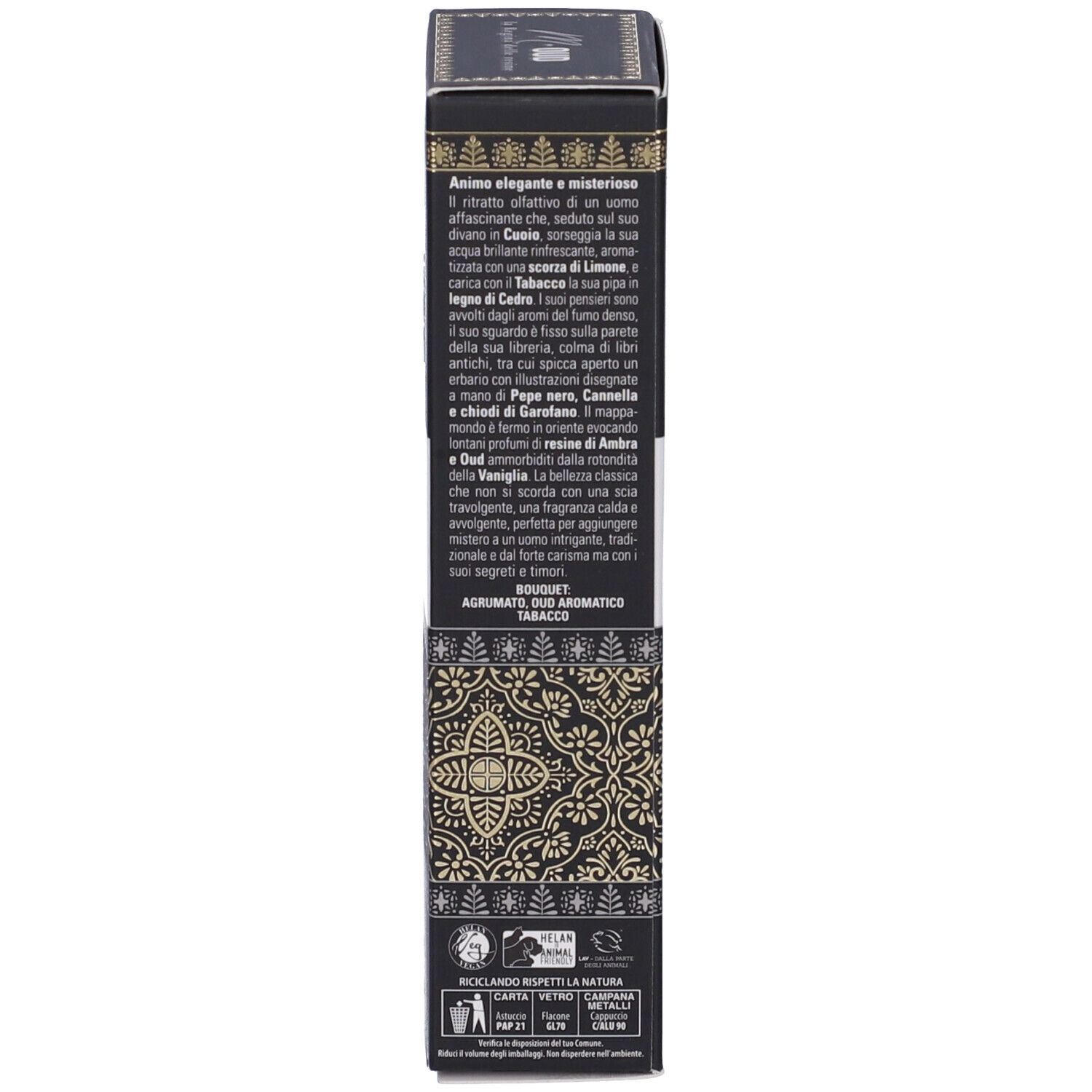Schwarze Box mit goldener Verzierung und Text in italienischer Sprache.