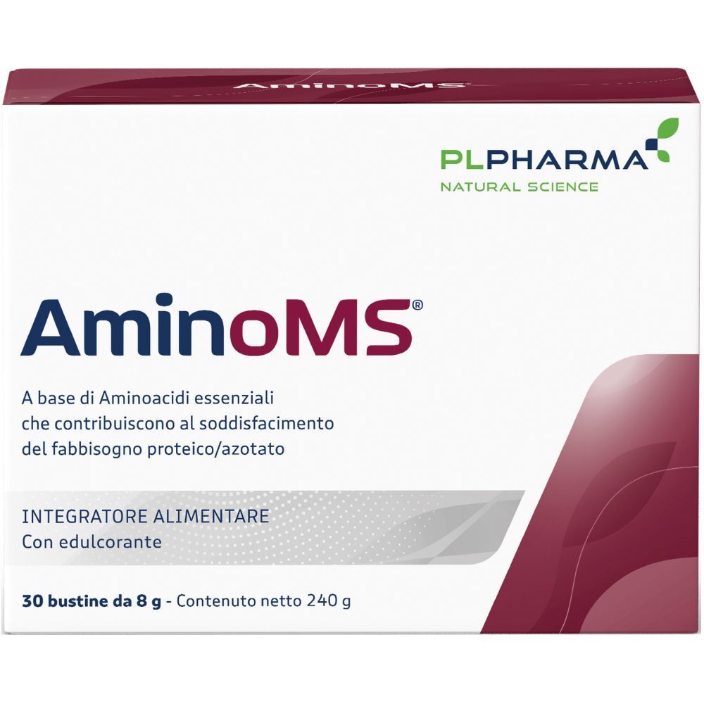 Scatola Aminoms. Scritta: Aminoms, PL Pharma, 30 bustine. Contiene aminoacidi essenziali. Con edulcorante.