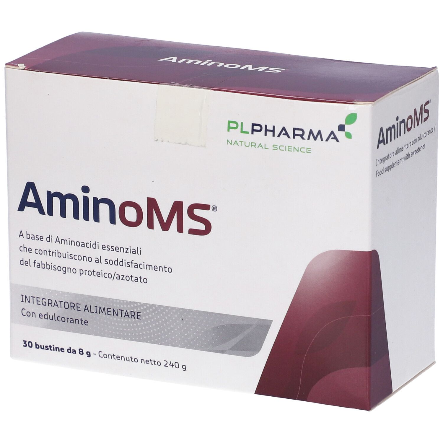 Confezione del prodotto Aminoms. Scritta: Aminoms, PL Pharma. 30 bustine. Contiene aminoacidi essenziali. Scatola angolare.