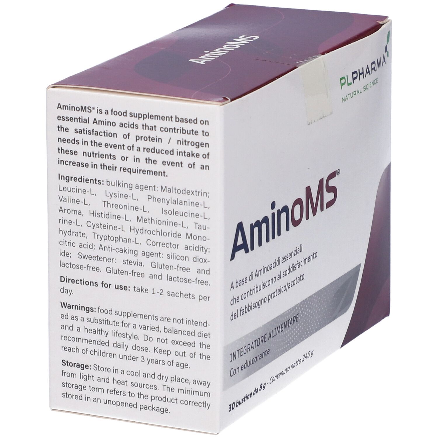 Confezione del prodotto Aminoms. Scritta: Aminoms, PL Pharma. 30 bustine. Contiene aminoacidi essenziali. Scatola angolare.