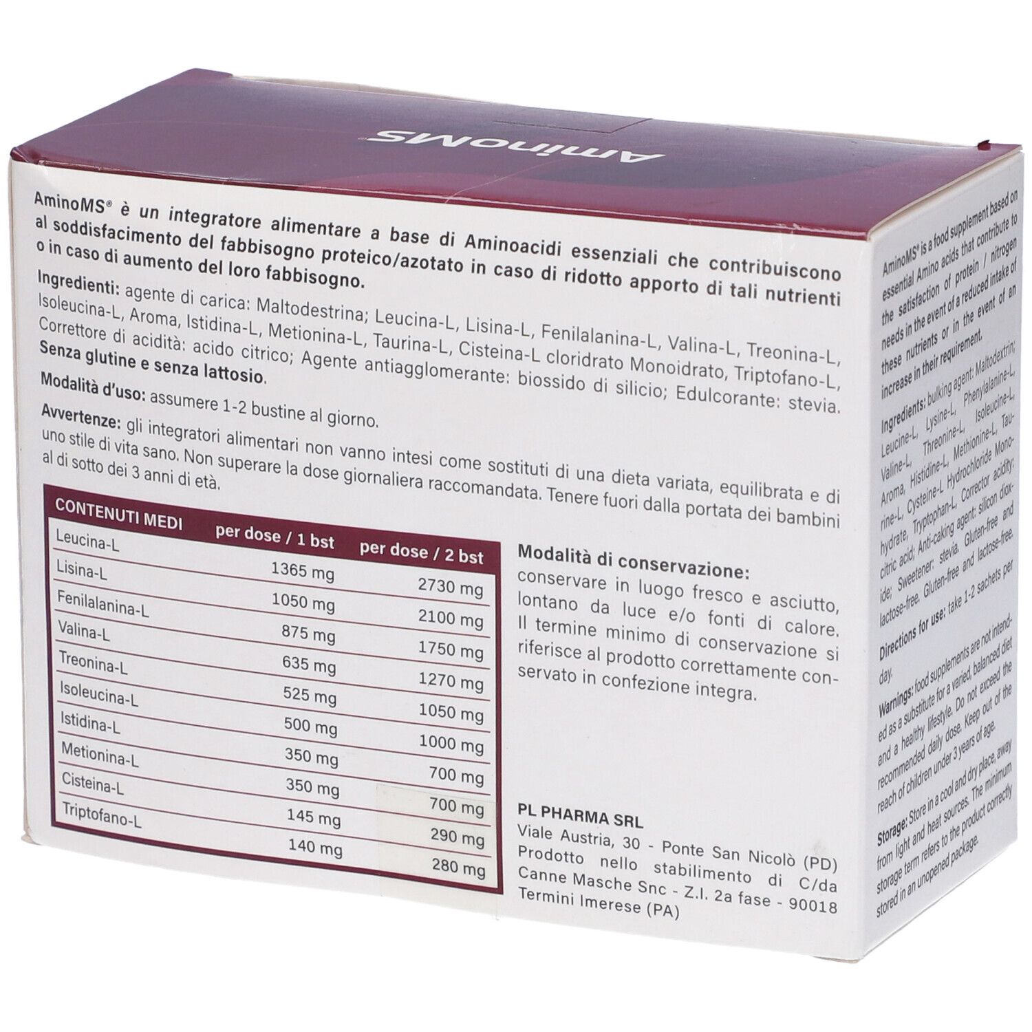 Confezione del prodotto Aminoms. Scritta: Aminoms, PL Pharma. 30 bustine. Contiene aminoacidi essenziali. Scatola angolare.