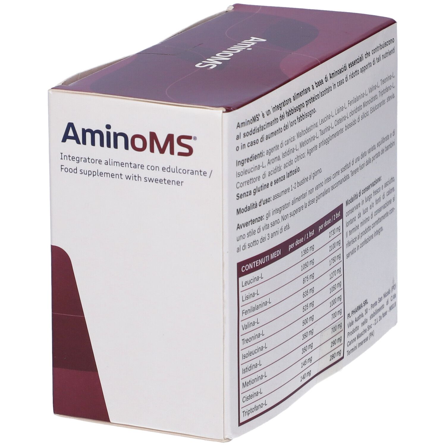 Confezione del prodotto Aminoms. Scritta: Aminoms, PL Pharma. 30 bustine. Contiene aminoacidi essenziali. Scatola angolare.