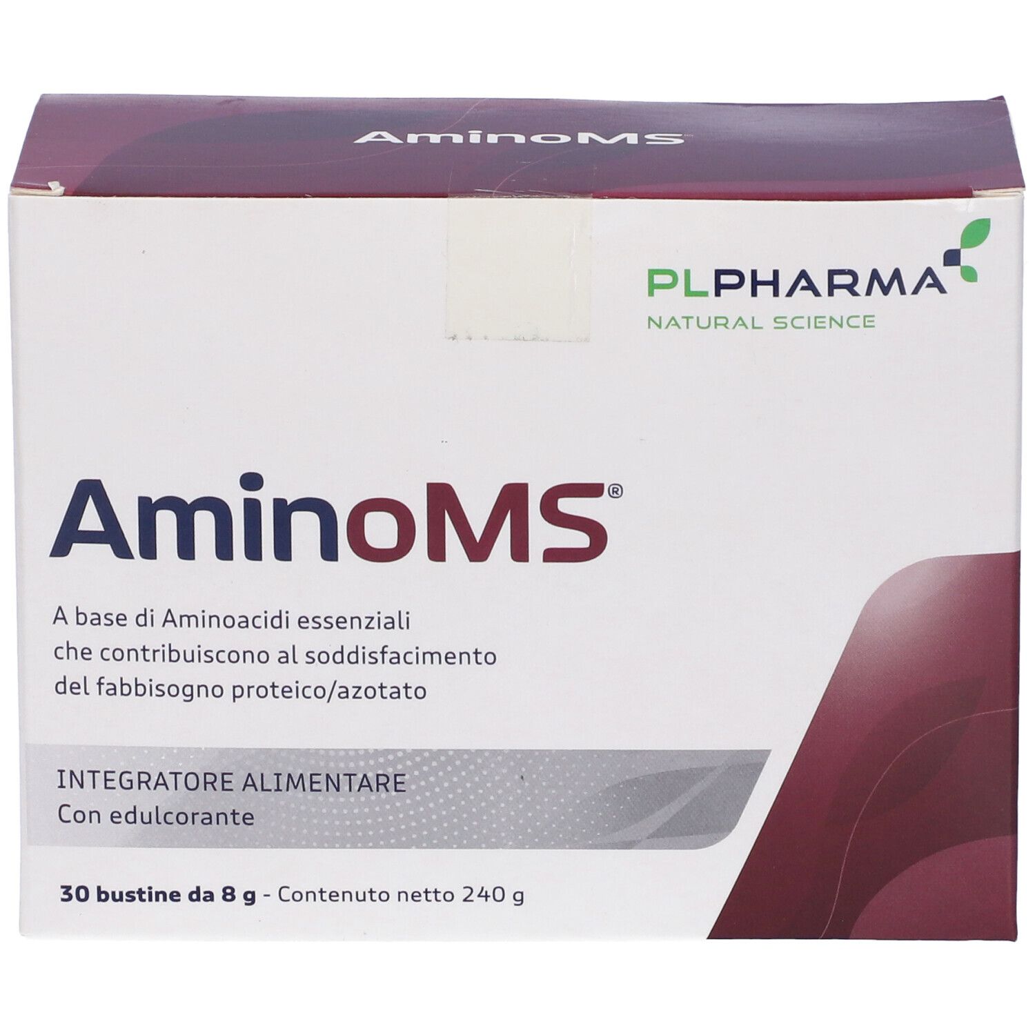 Confezione del prodotto Aminoms. Scritta: Aminoms, PL Pharma. 30 bustine. Contiene aminoacidi essenziali. Scatola angolare.